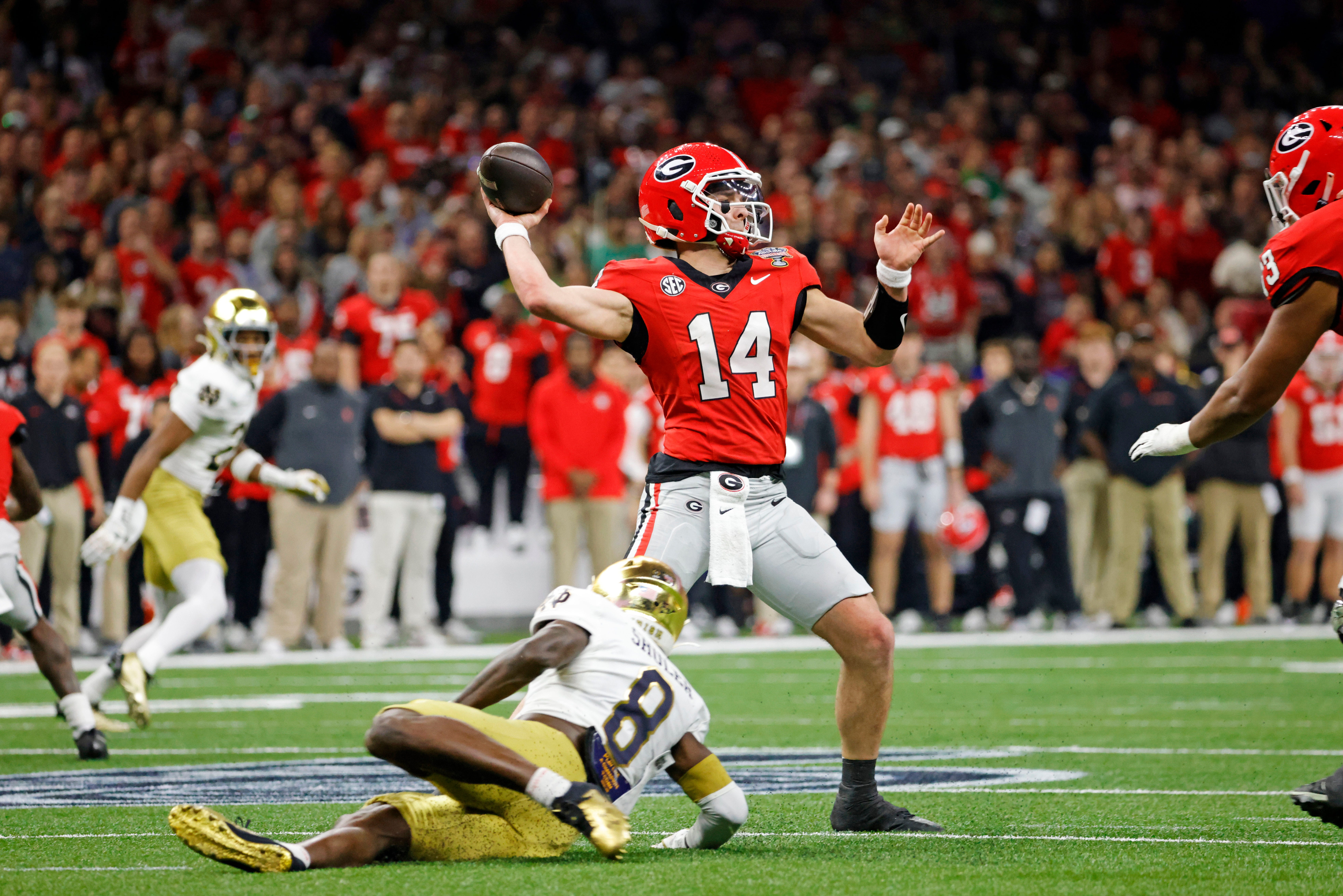 Georgia quarterback Gunner Stockton drops back to pass against Notre Dame during the 2025 Sugar Bowl at Caesars Superdome in New Orleans.