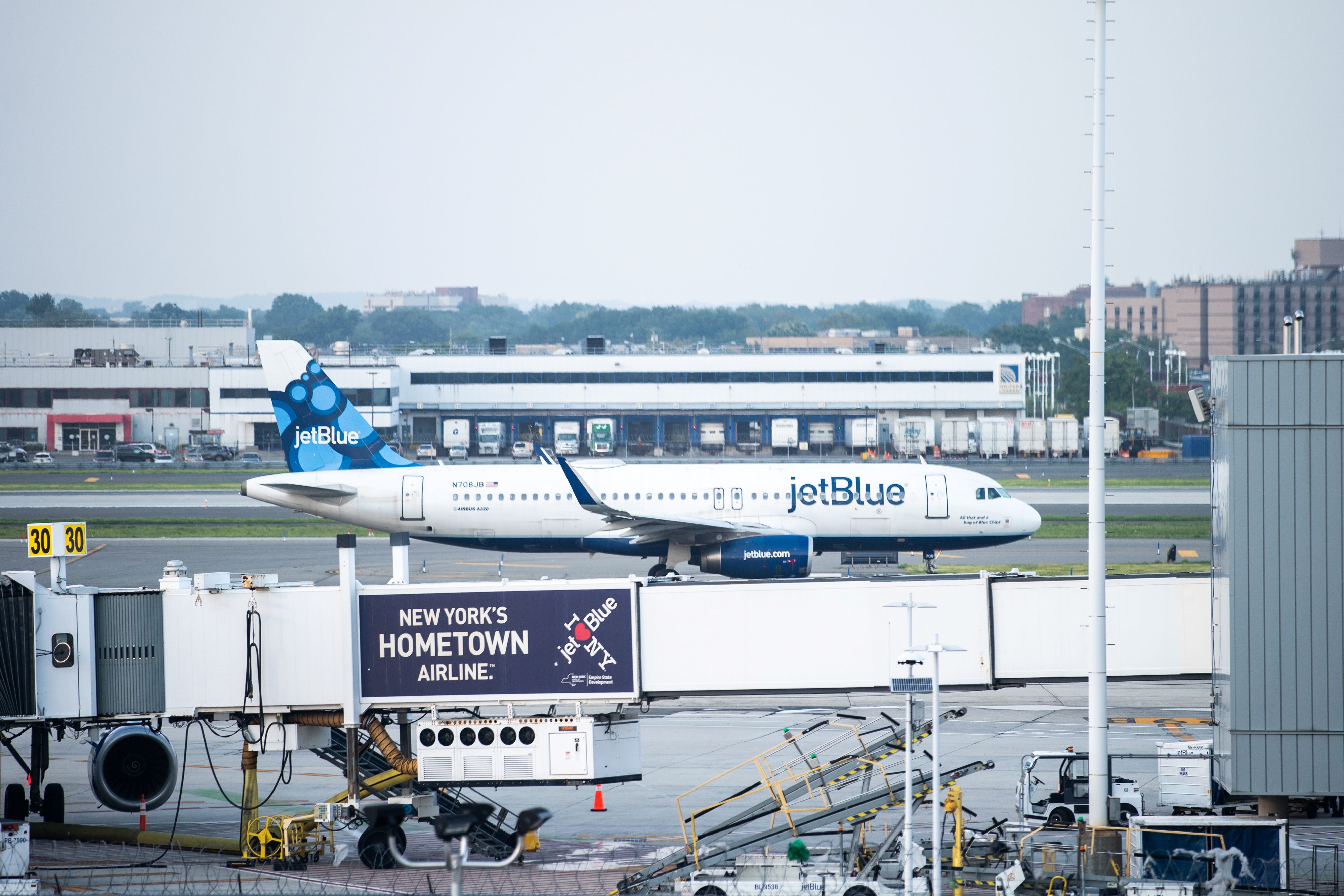 A JetBlue plane at JFK International Airport in New York City, New York, on Aug. 11, 2021.