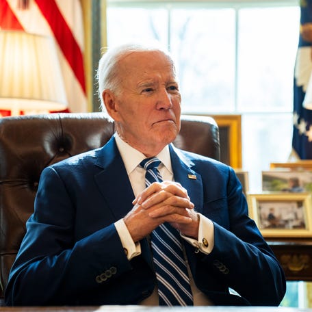 President Joe Biden is pictured at the Oval Office during an interview with USA TODAY Washington Bureau chief Susan Page.