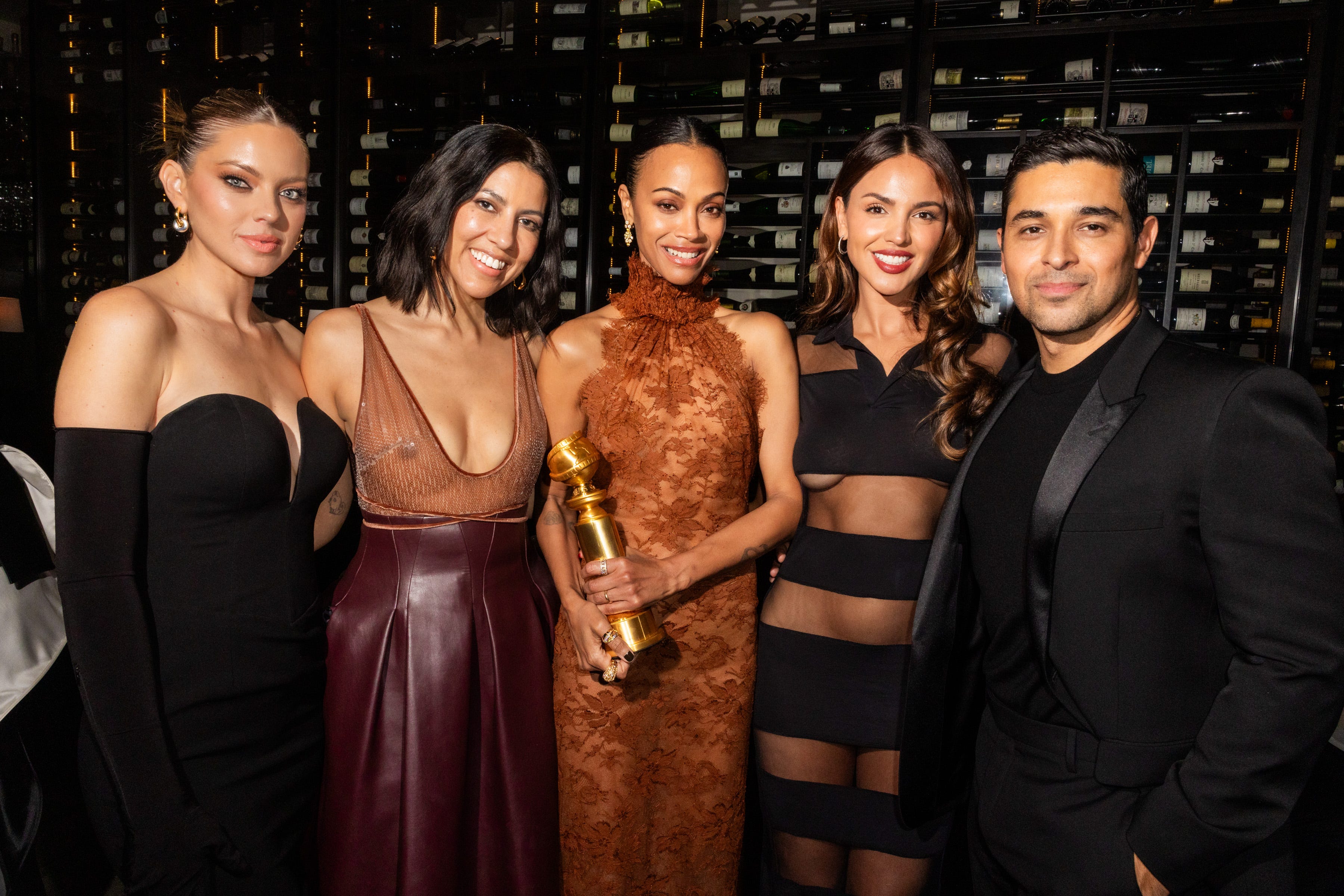 (L-R) Amanda Pacheco, Stephanie Beatriz, Zoe Saldaña, Eiza González and Wilmer Valderrama attend Netflix's Golden Globe Afterparty 2025 at Spago on Jan. 5, 2025 in Beverly Hills, CA.
