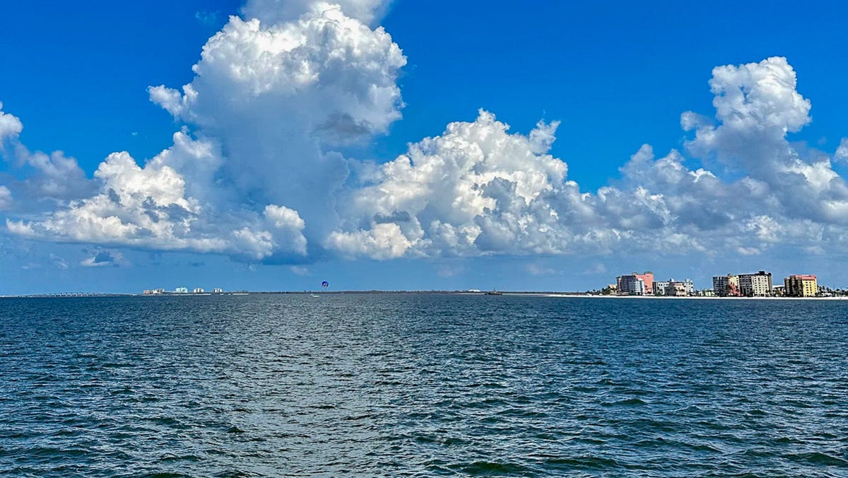 Afternoon clouds build over the Gulf of Mexico in this 2023 photo taken from near Fort Myers Beach, Florida.