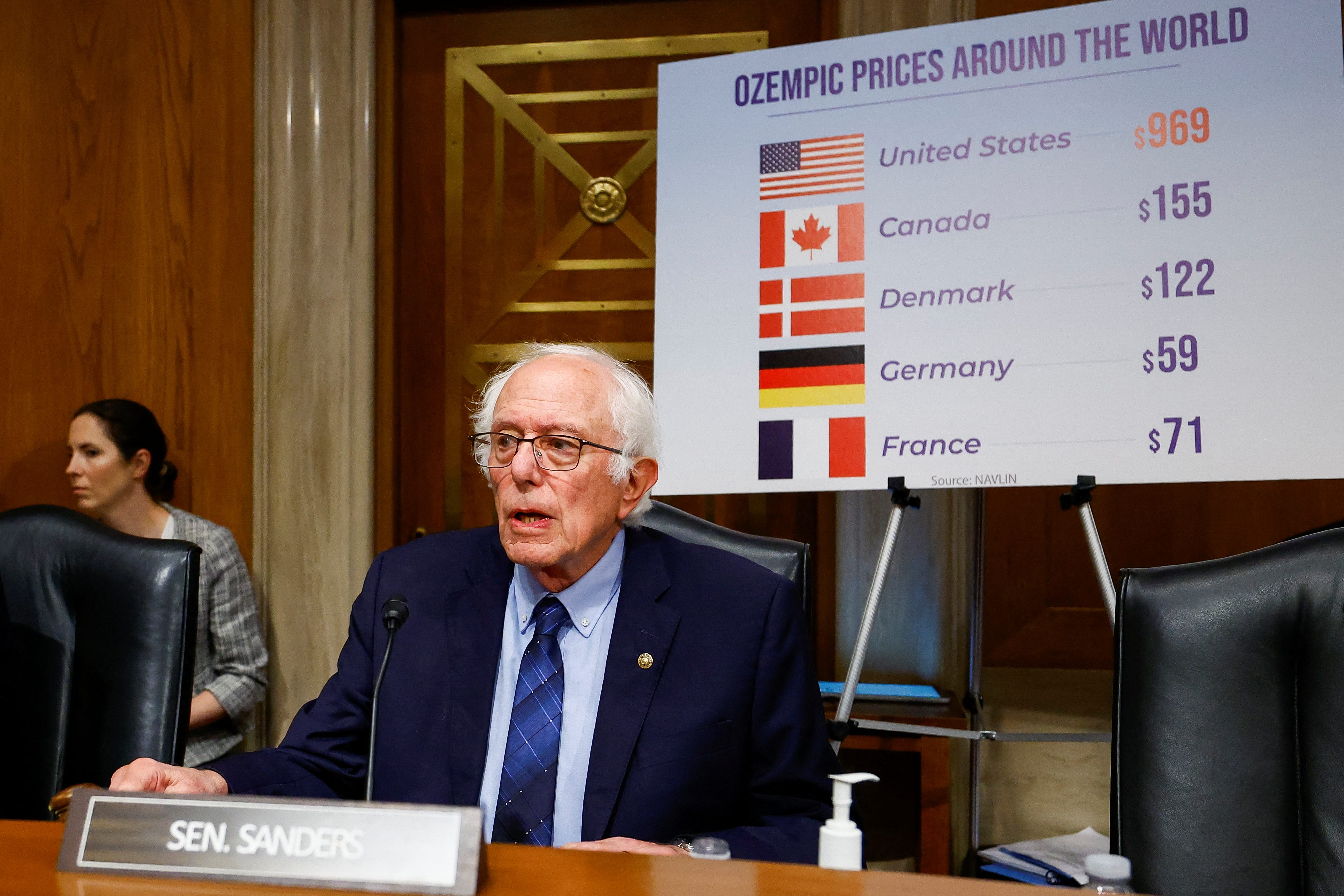 U.S. Sen. Bernie Sanders (I-VT), Chairman of Senate Health, Education, Labor, and Pensions Committee speaks during a hearing of Novo Nordisk CEO Lars Jorgensen on U.S. prices for the weight loss drugs Ozempic and Wegovy, on Capitol Hill in Washington.