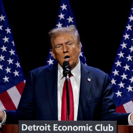 Republican presidential nominee and former U.S. President Donald Trump addresses the Detroit Economic Club in Detroit, Michigan, on Oct. 10, 2024.