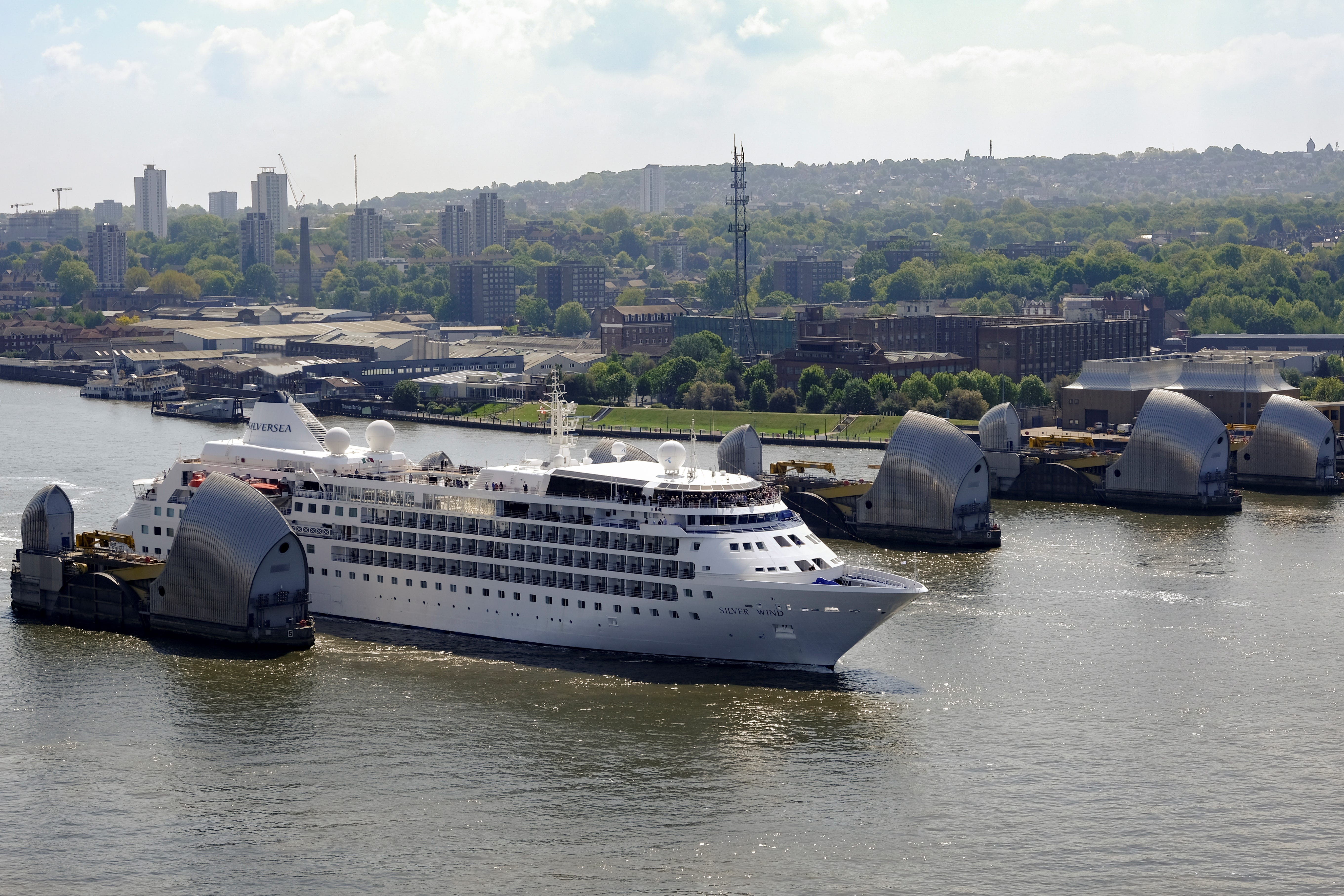 Another Silversea ship, Silver Wind, travels past the Thames Barrier on its way up the river thames in London on May 15, 2019.