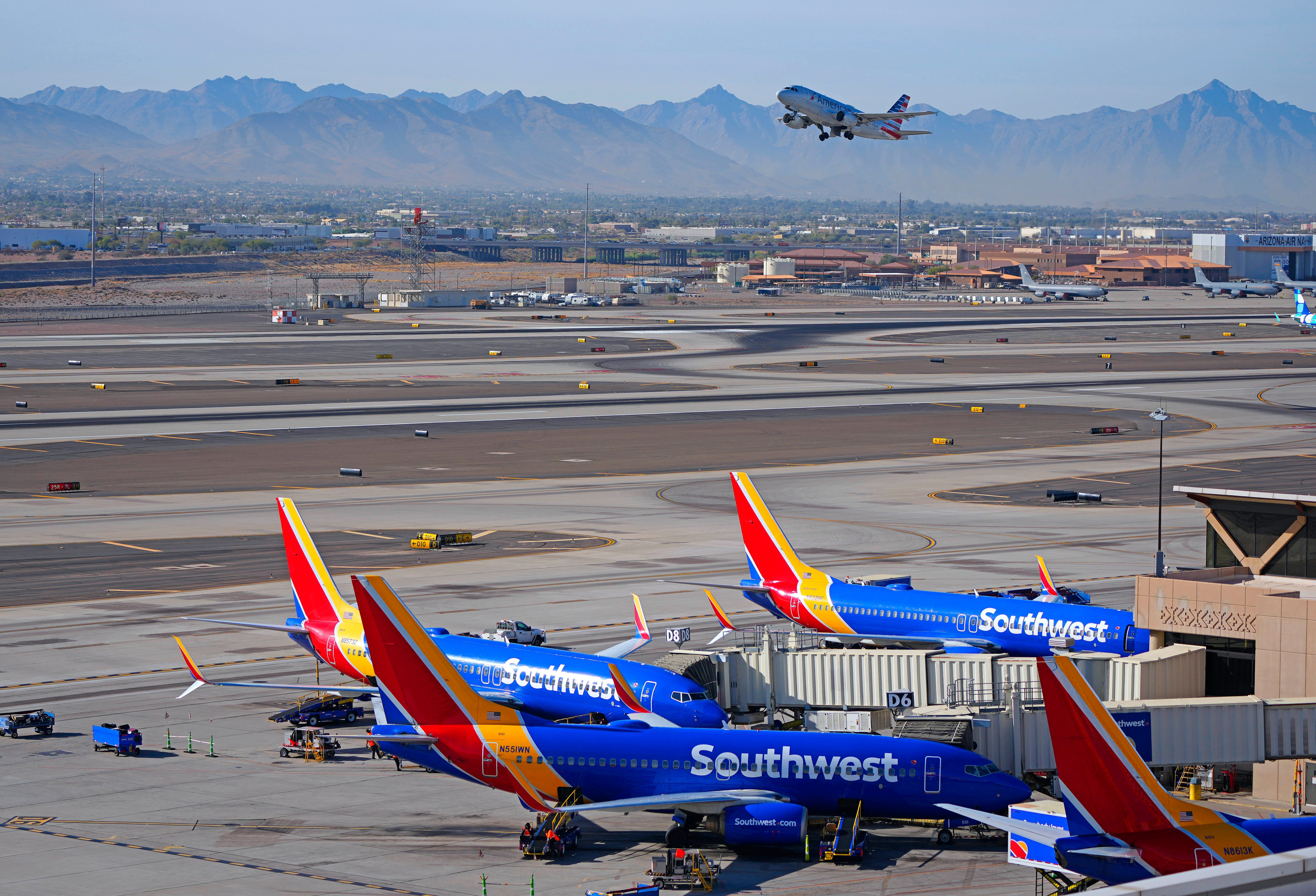 An American Airlines flight takes off two days before Thanksgiving at Phoenix Sky Harbor International Airport on Nov. 26, 2024, in Phoenix.