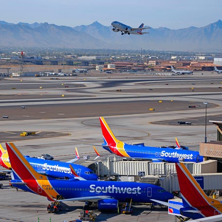 An American Airlines flight takes off two days before Thanksgiving at Phoenix Sky Harbor International Airport on Nov. 26, 2024, in Phoenix.