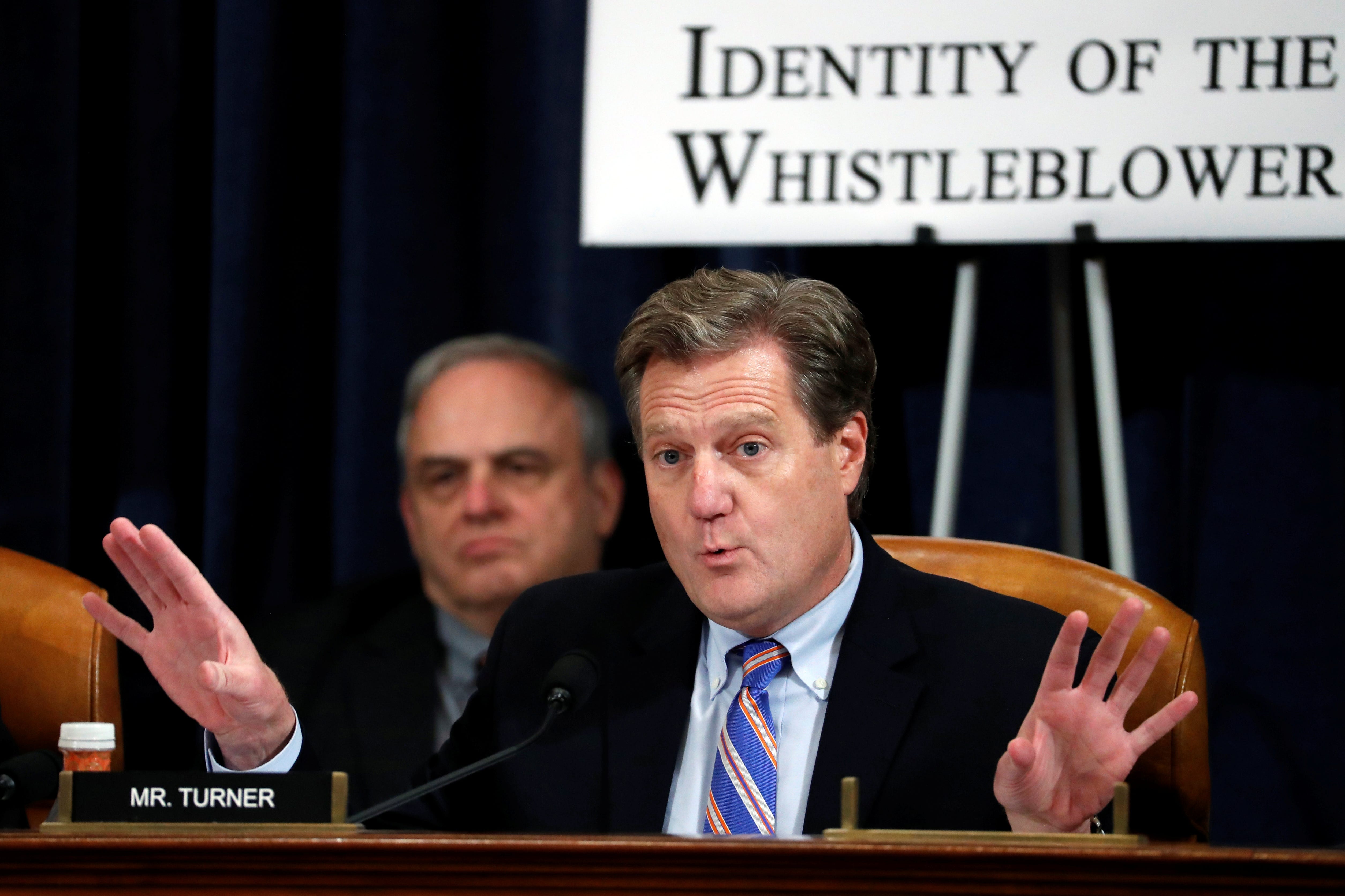 Rep. Mike Turner, R-Ohio, questions Ambassador Kurt Volker, former special envoy to Ukraine, and Tim Morrison, a former official at the National Security Council, as they testify before the House Intelligence Committee on Capitol Hill in Washington, Tuesday, Nov. 19, 2019, during a public impeachment hearing of President Donald Trump's efforts to tie U.S. aid for Ukraine to investigations of his   political opponents.