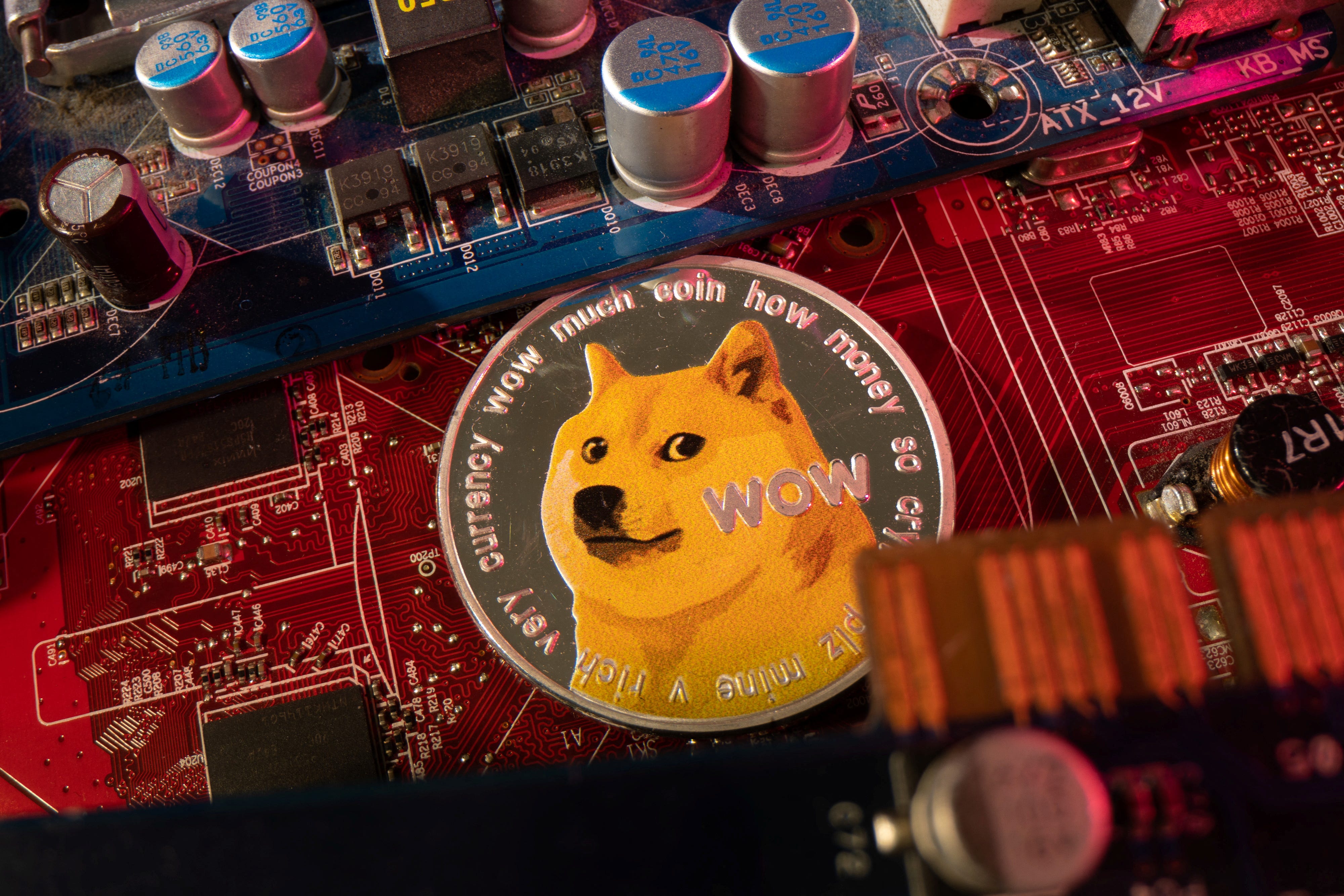 A representation of cryptocurrency Dogecoin is placed on a PC motherboard, in this illustration taken June 16, 2023.