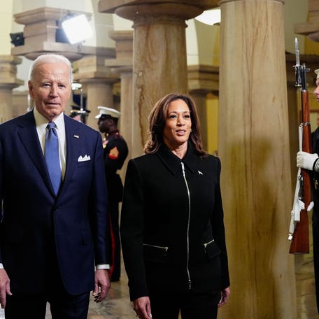President Joe Biden and Vice President Kamala Harris arrive ahead of the 60th inaugural ceremony on January 20, 2025, at the US Capitol in Washington.