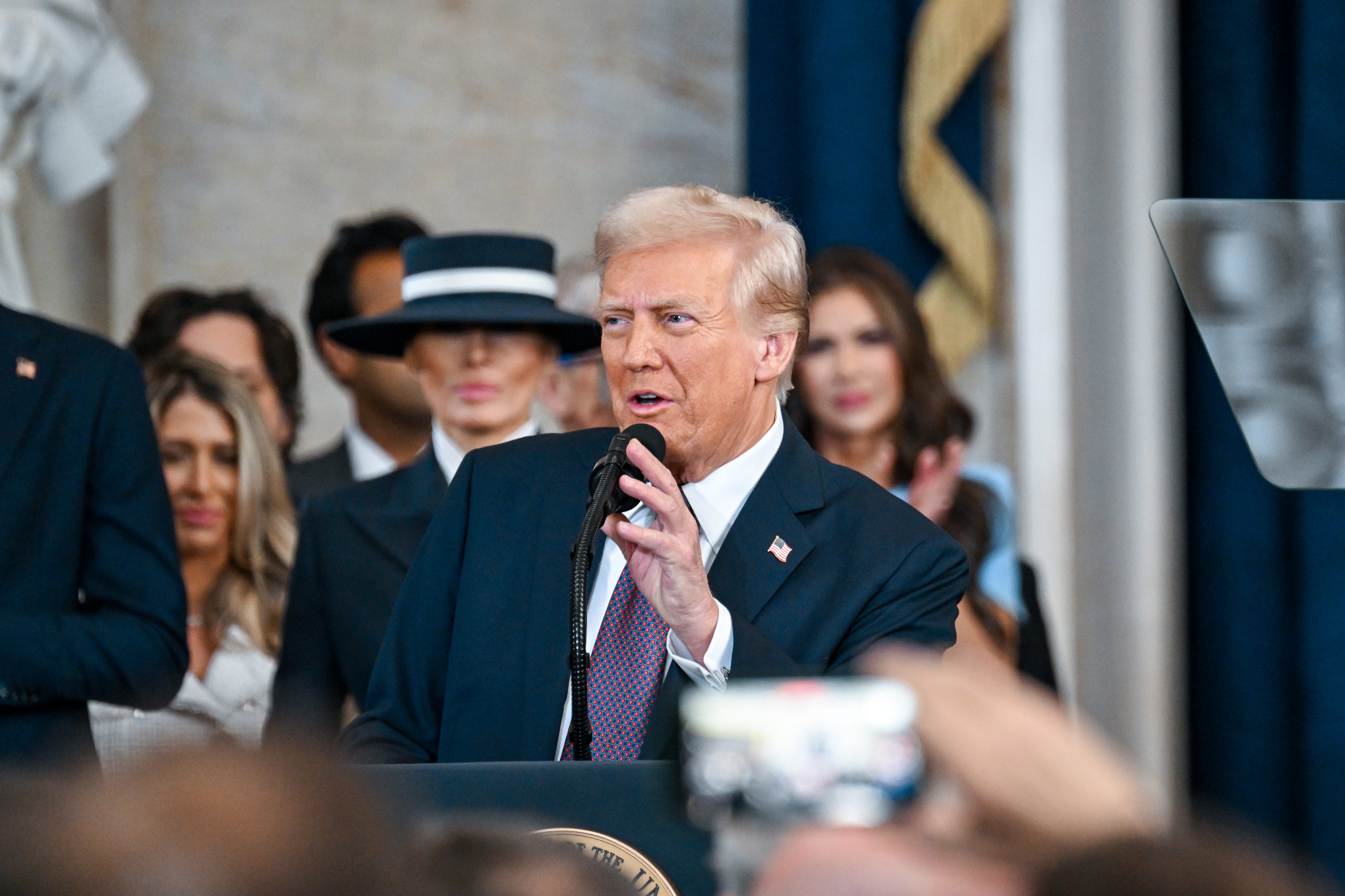 President Donald Trump speaks after being sworn in during his inauguration in the U.S. Capitol Rotunda on Jan. 20, 2025 in Washington, DC.
