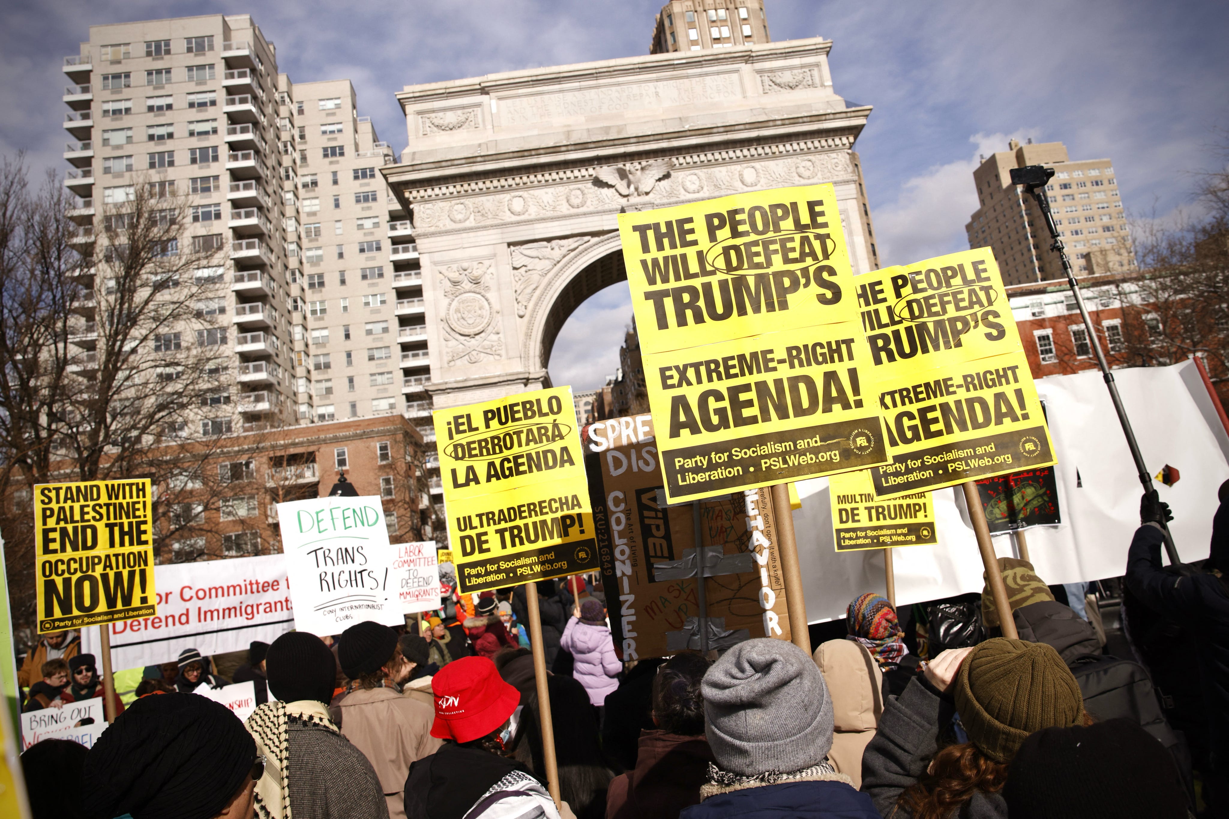 Protesters rally in New York City against Donald Trump's inauguration as the 47th president on Jan. 20, 2025.