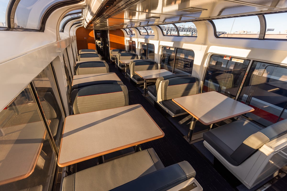 Refreshed interior of the Amtrak Auto Train Sightseer Lounge.