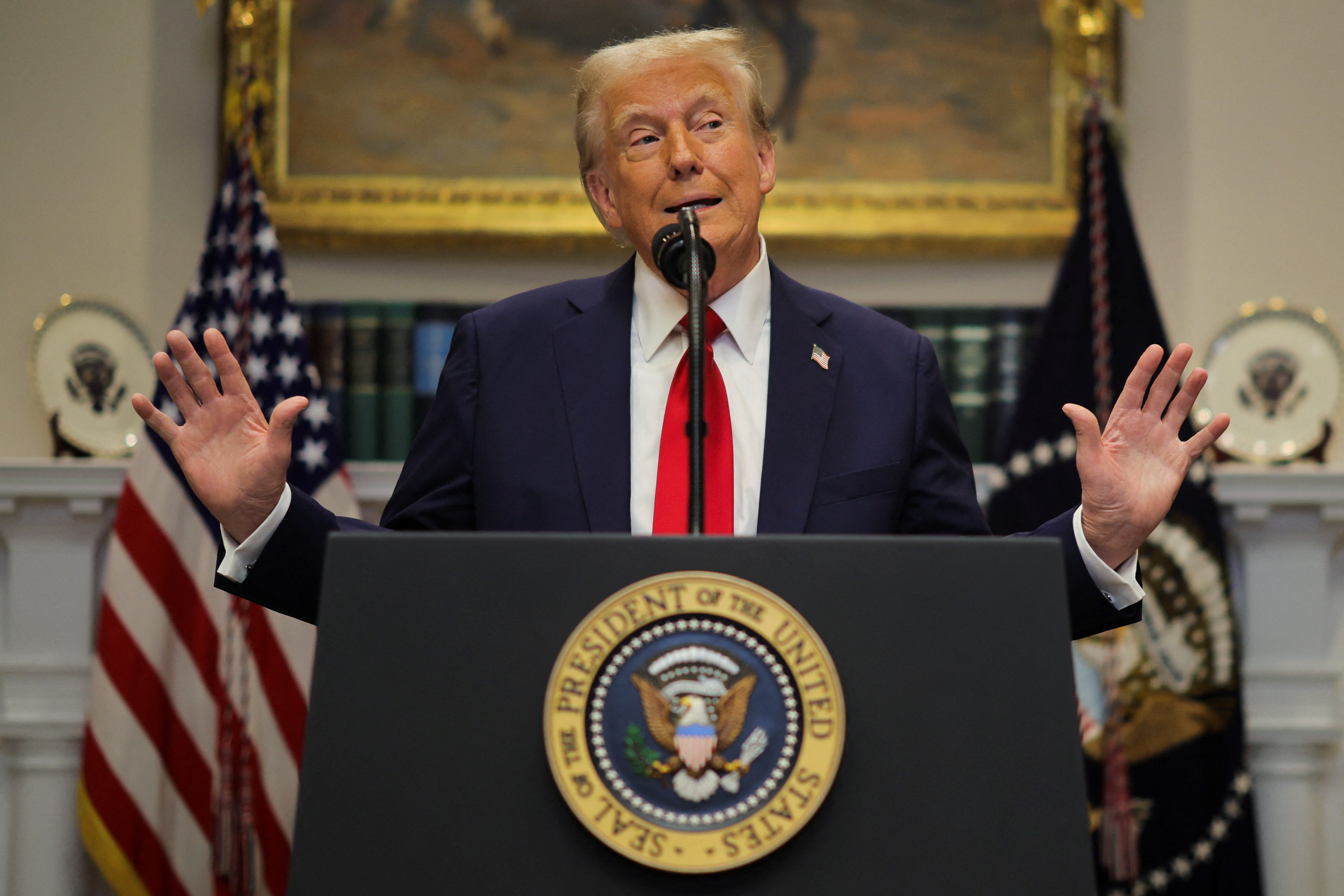 U.S. President Donald Trump delivers remarks on AI infrastructure at the Roosevelt room at White House in Washington, U.S., January 21, 2025.