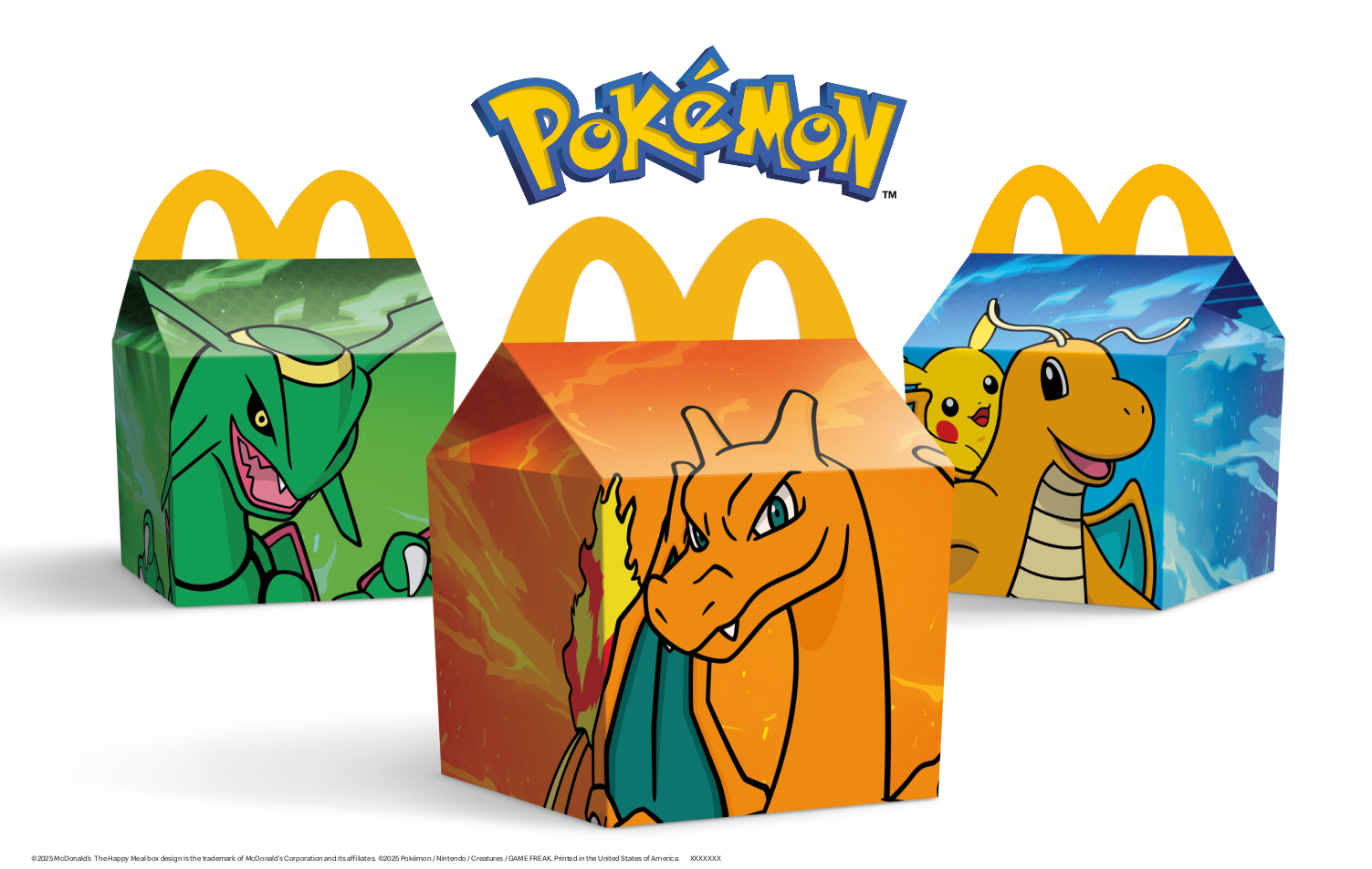 McDonald's Happy Meal boxes featuring Rayquaza, Charizard, Pikachu and Dragonite. The designs are part of the fast food chain's collaboration with Pokémon, which will last from Jan. 21, 2025 to late February.