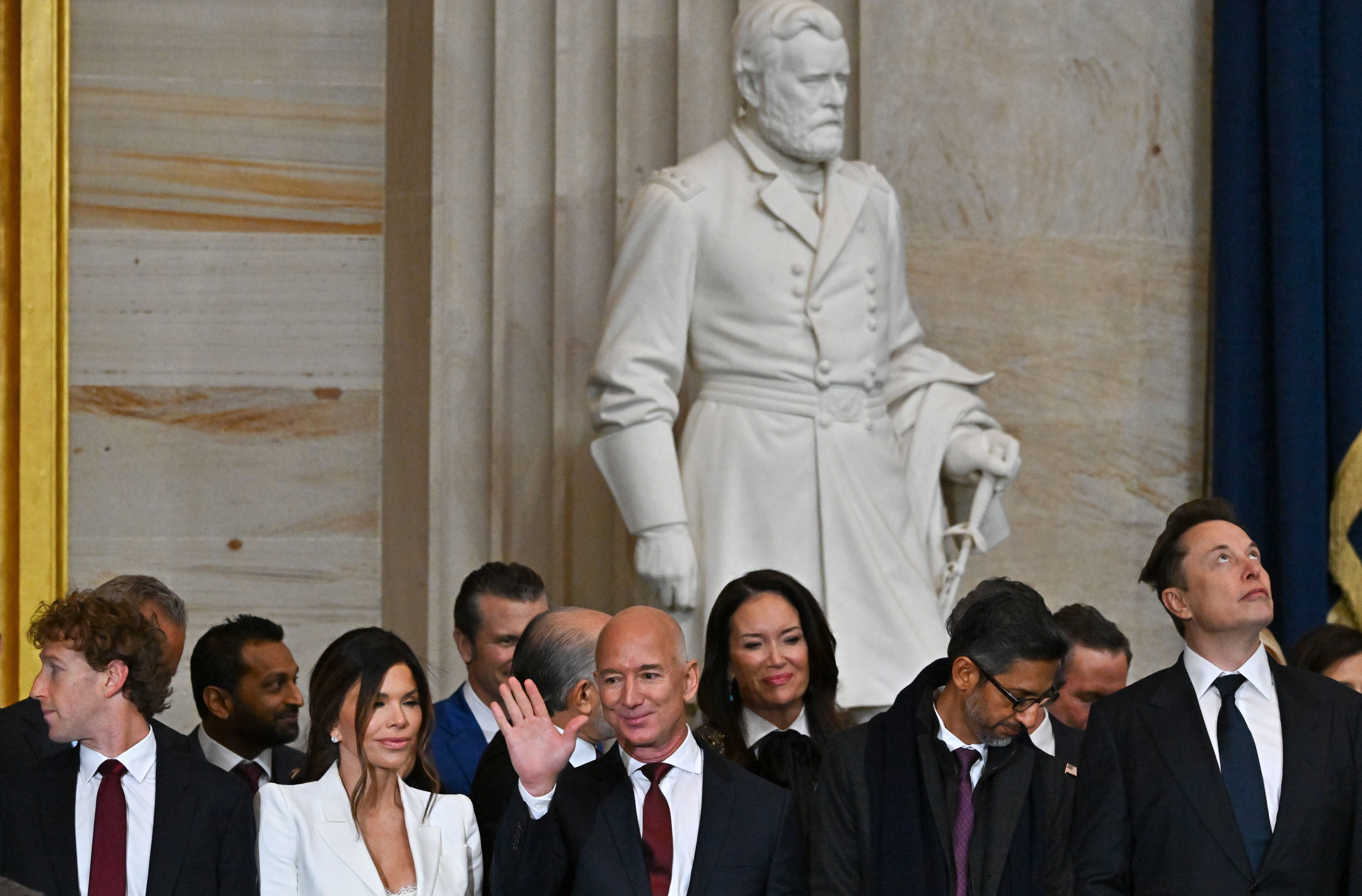 WASHINGTON, DC - JANUARY 20: Meta and Facebook CEO Mark Zuckerberg, Lauren Sanchez, Founder of Amazon and Blue Origin Jeff Bezos, CEO of Google Sundar Pichai and Tesla, SpaceX and X CEO Elon Musk attend the Inauguration of Donald J. Trump in the Rotunda of the U.S. Capitol on January 20, 2025 in Washington, DC.