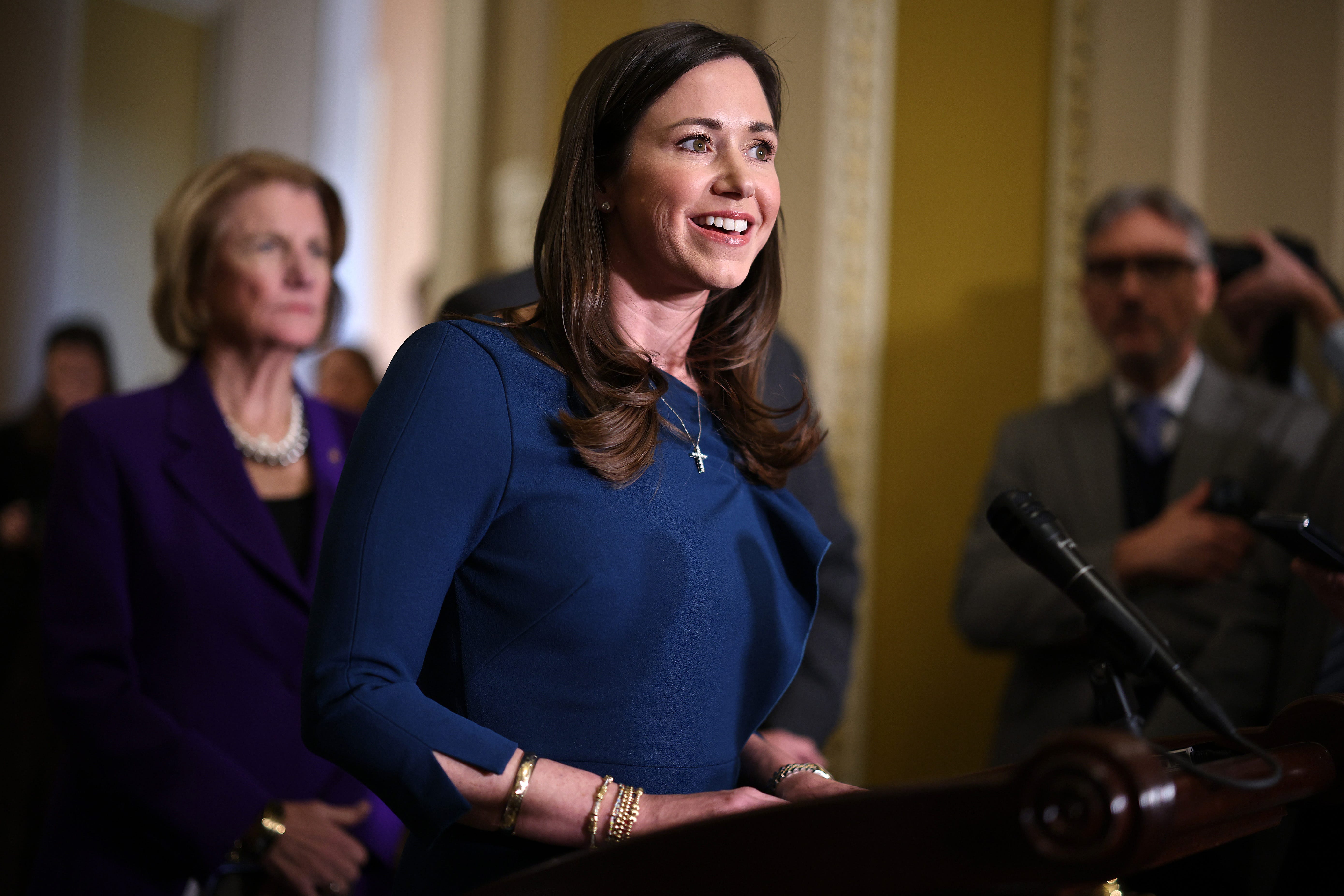 Sen. Katie Britt (R-AL) talks to reporters following the weekly Senate Republican Caucus policy luncheon at the U.S. Capitol on January 14, 2025 in Washington, DC.