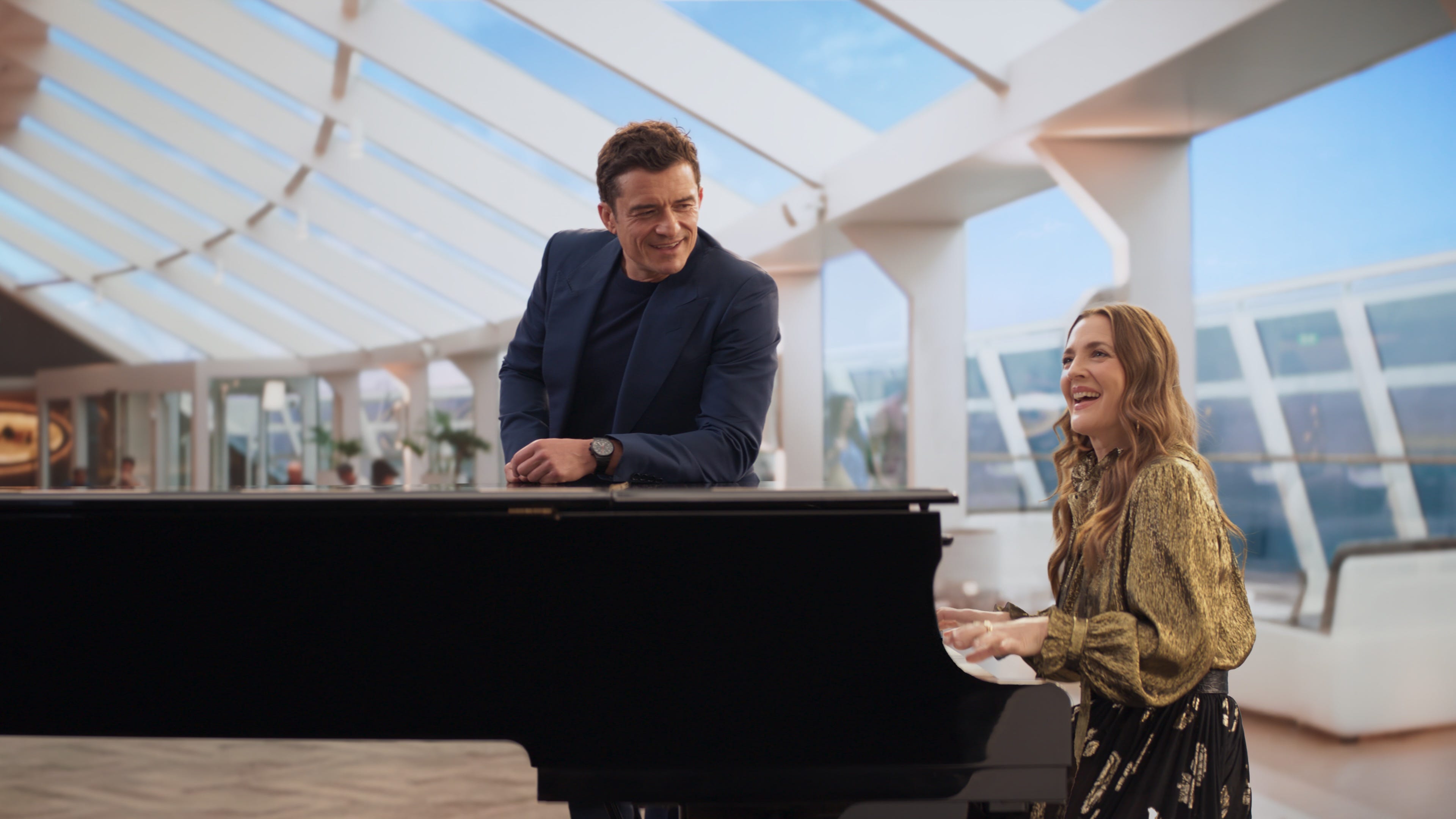 Drew Barrymore stars alongside Orlando Bloom in MSC's first Super Bowl commercial.