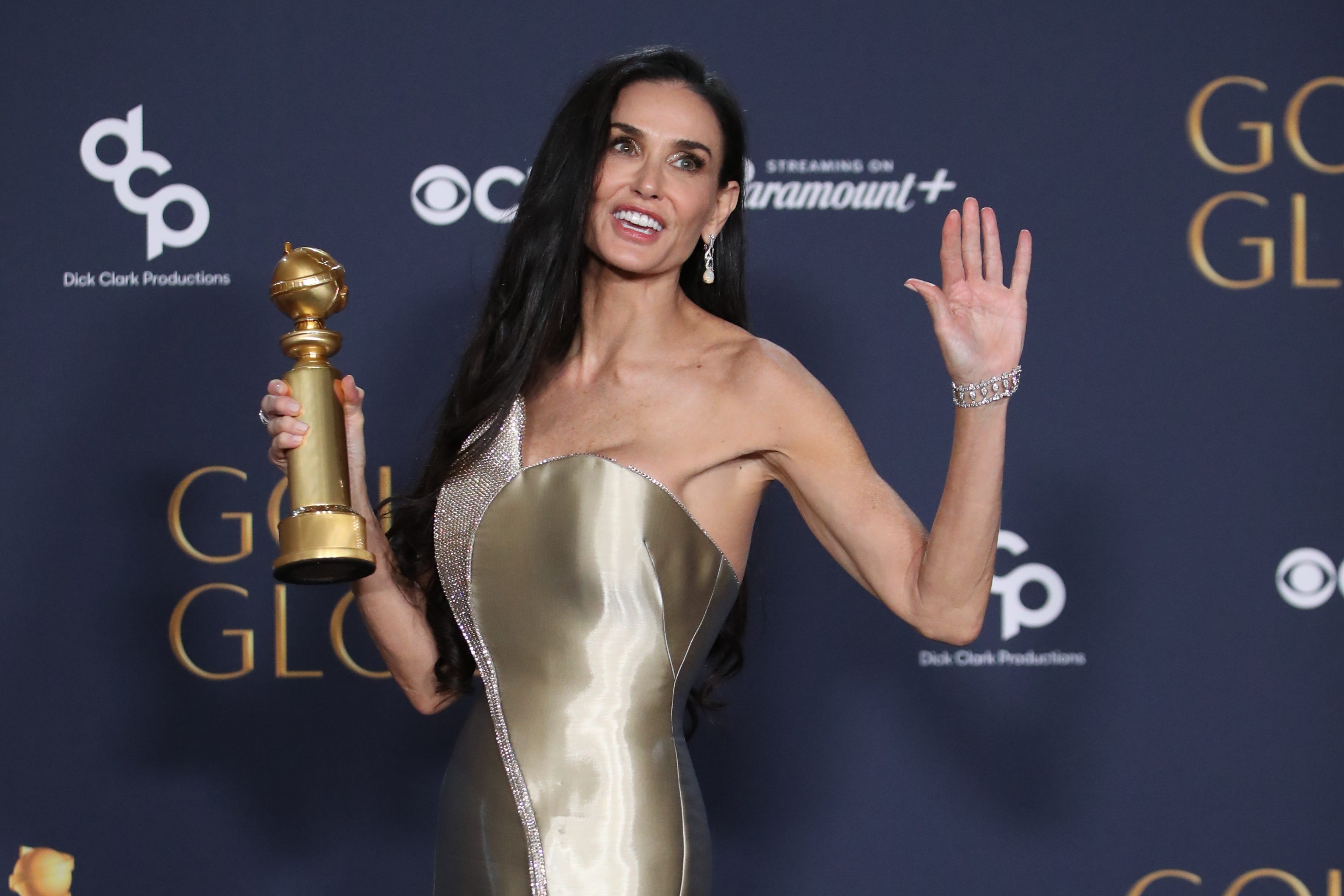 Demi Moore, winner of best female actor in a motion picture musical or comedy for "The Substance," at the 82nd annual Golden Globe Awards at the Beverly Hilton Hotel in Beverly Hills, California, on Sunday, Jan. 5, 2025.