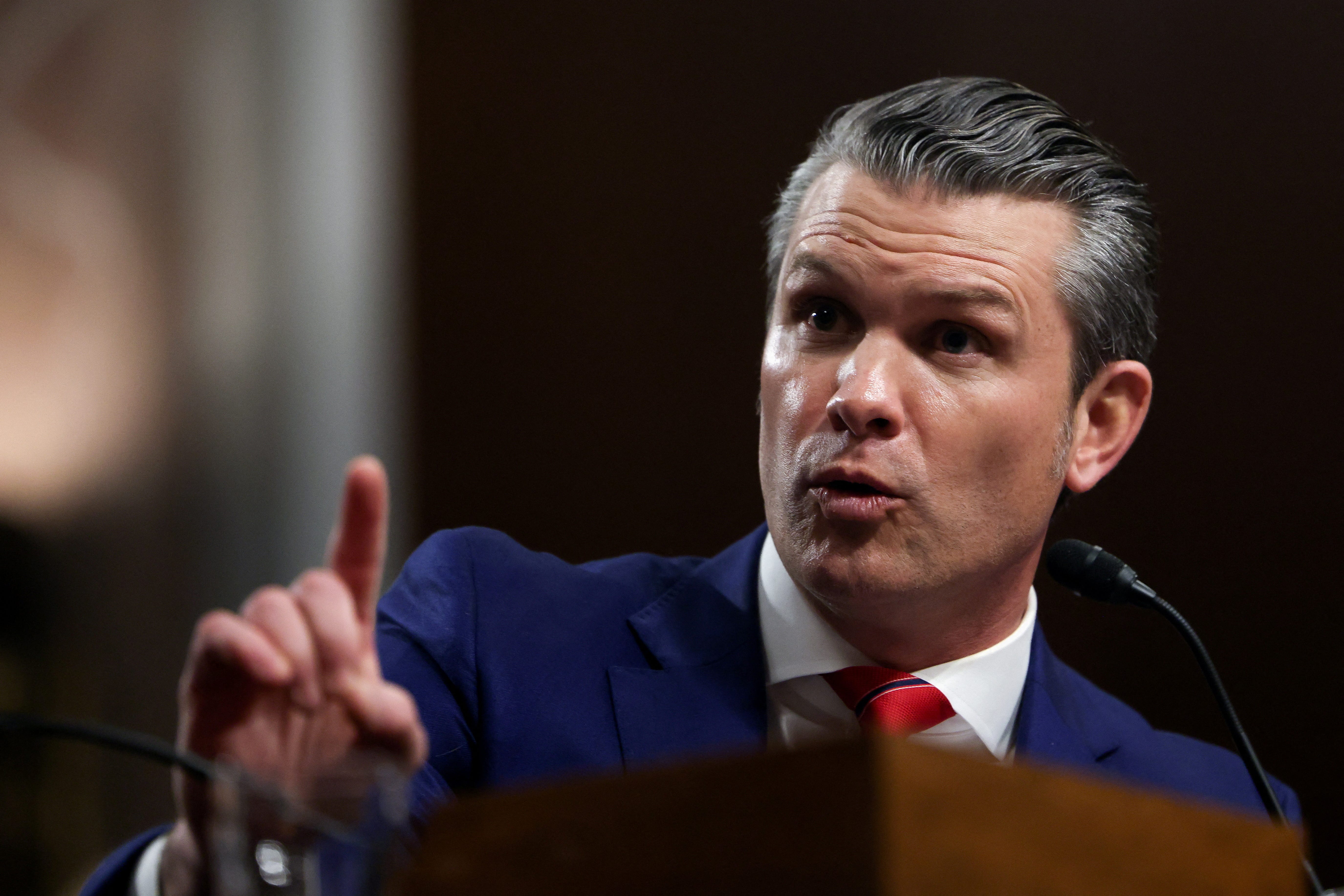 Pete Hegseth, U.S. President-elect Donald Trump's nominee to be secretary of defense, testifies before a Senate Committee on Armed Services confirmation hearing on Capitol Hill in Washington, U.S., January 14, 2025. REUTERS/Evelyn Hockstein