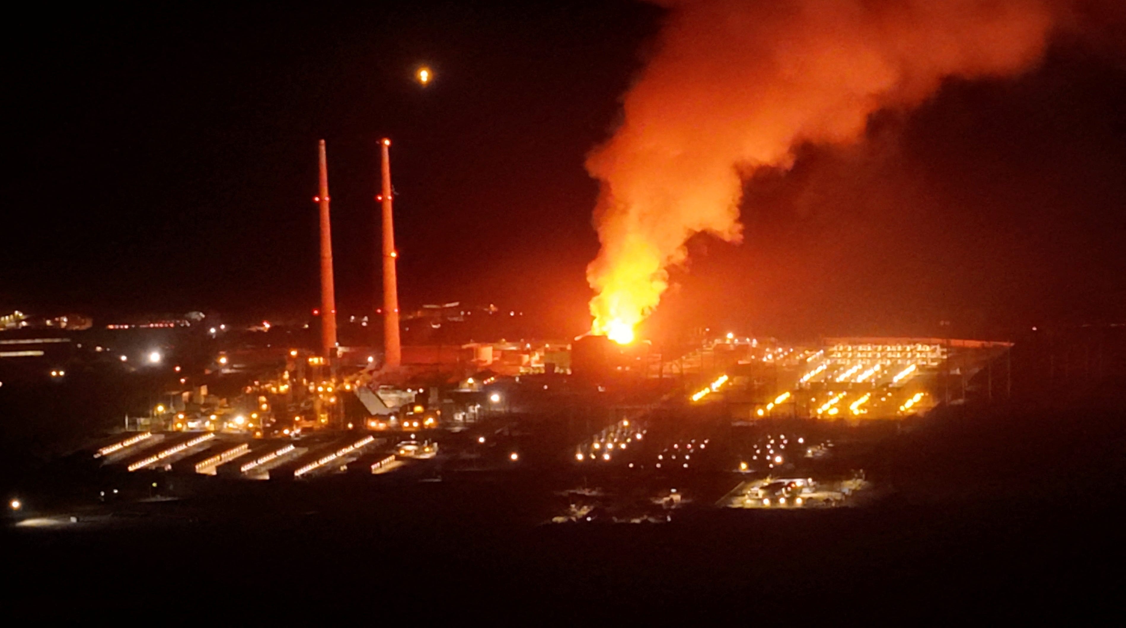 Burning fire at the site of Vistra Corp's power plant in Moss Landing, California, U.S., January 16, 2025 in this screen grab obtained from a social media video.