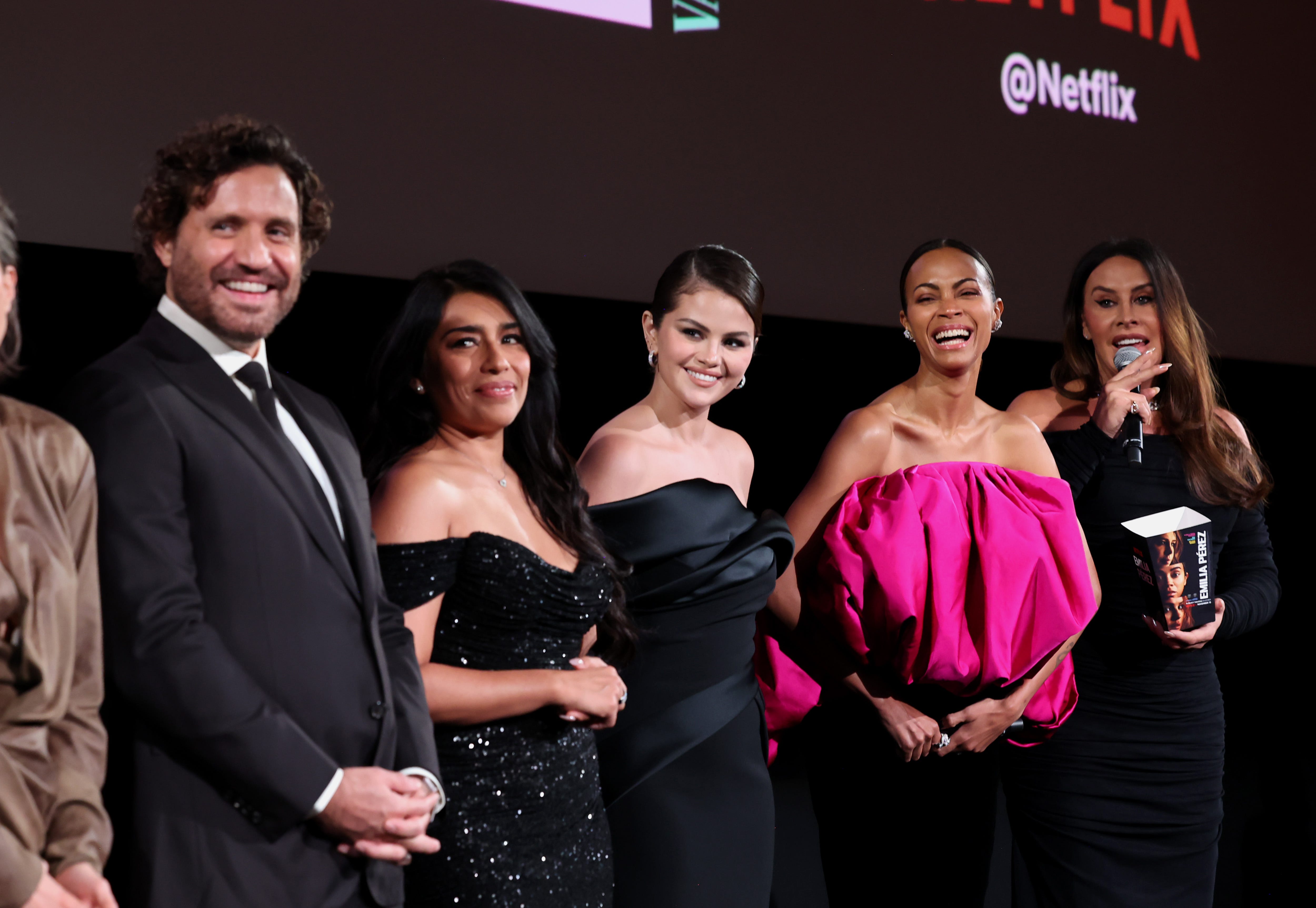 Édgar Ramírez, Adriana Paz, Selena Gomez, Zoe Saldana, and Karla Sofía Gascón speak onstage during the Los Angeles Premiere of Netflix's "Emilia Perez" at The Egyptian Theatre Hollywood on Oct. 21, 2024, in Los Angeles, Calif.