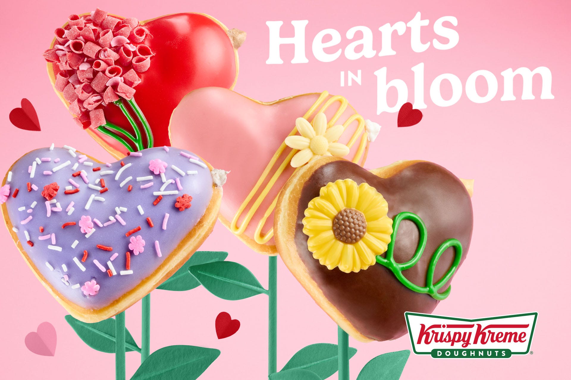 Krispy Kreme's Hearts in Bloom collection includes four brand new heart-shaped doughnuts in a customized flower bouquet box.