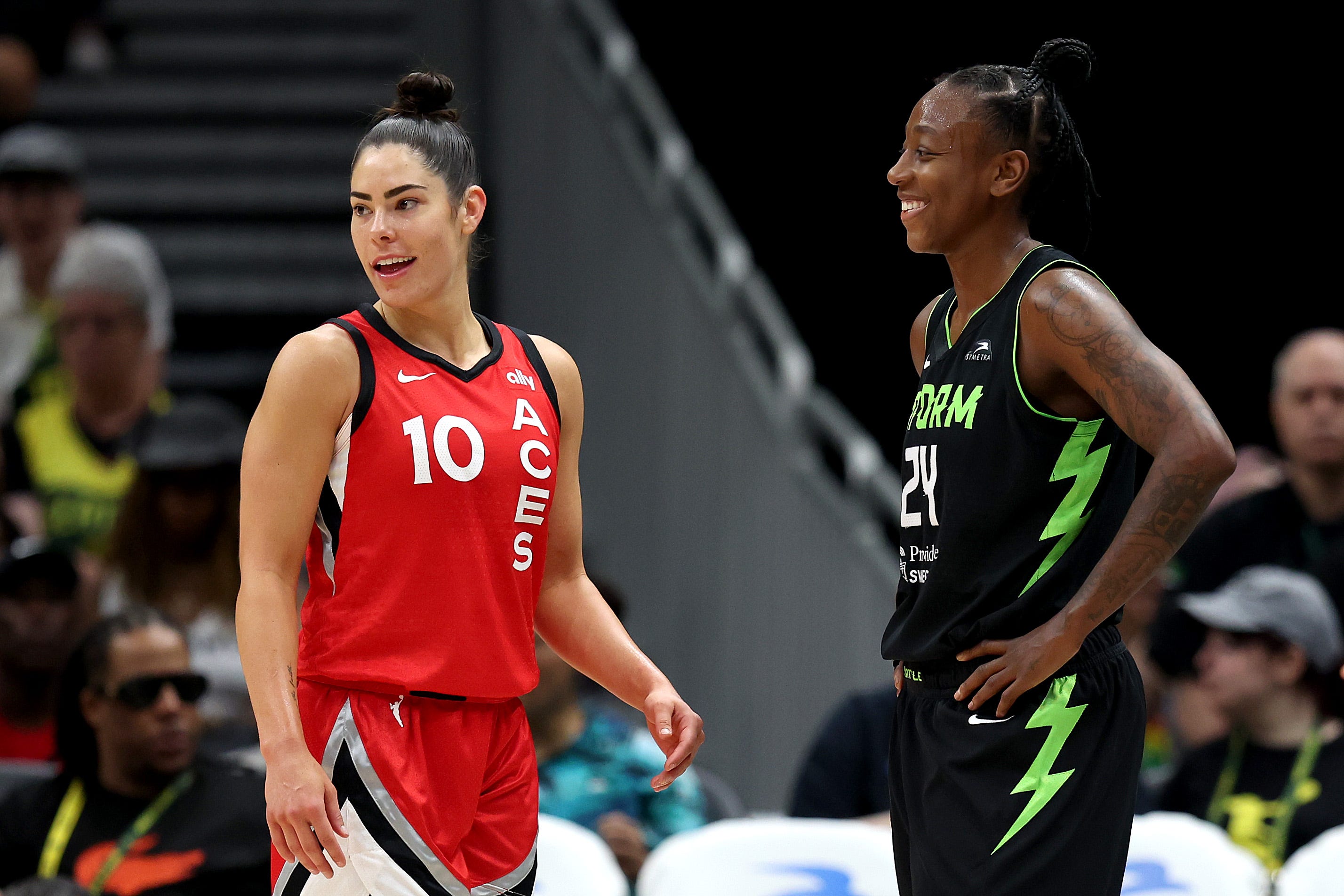 Kelsey Plum is leaving Las Vegas and headed to the Los Angeles Sparks, while Jewell Loyd, right, is joining the Aces after a long tenure with the Seattle Storm.