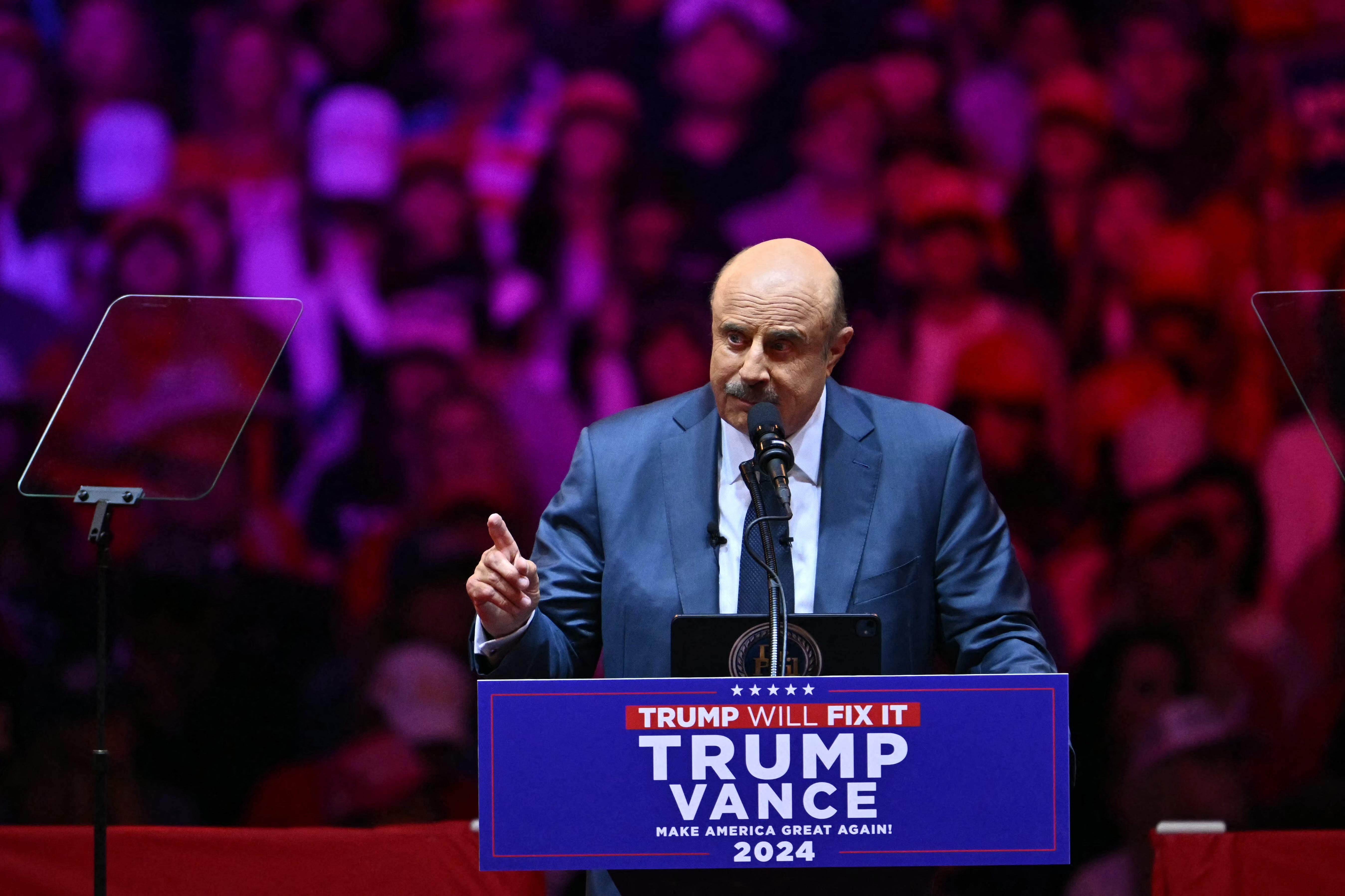 Television personality Dr. Phil McGraw speaks at a campaign rally for former US President and Republican presidential candidate Donald Trump at Madison Square Garden in New York on Oct. 27, 2024.