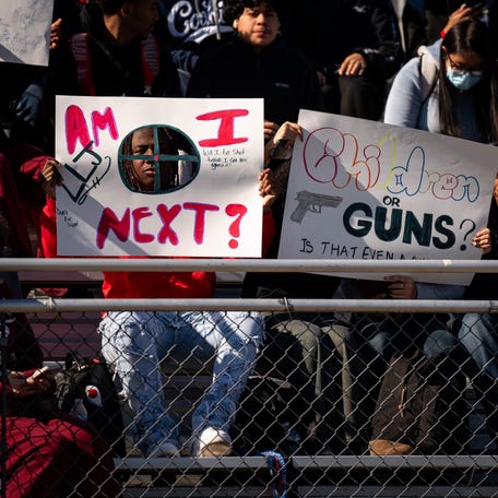 Students hold signs as they attend a student-led rally to honor Josselin Corea Escalante at Antioch High School in Antioch, Tenn., Tuesday, Jan. 28, 2025.