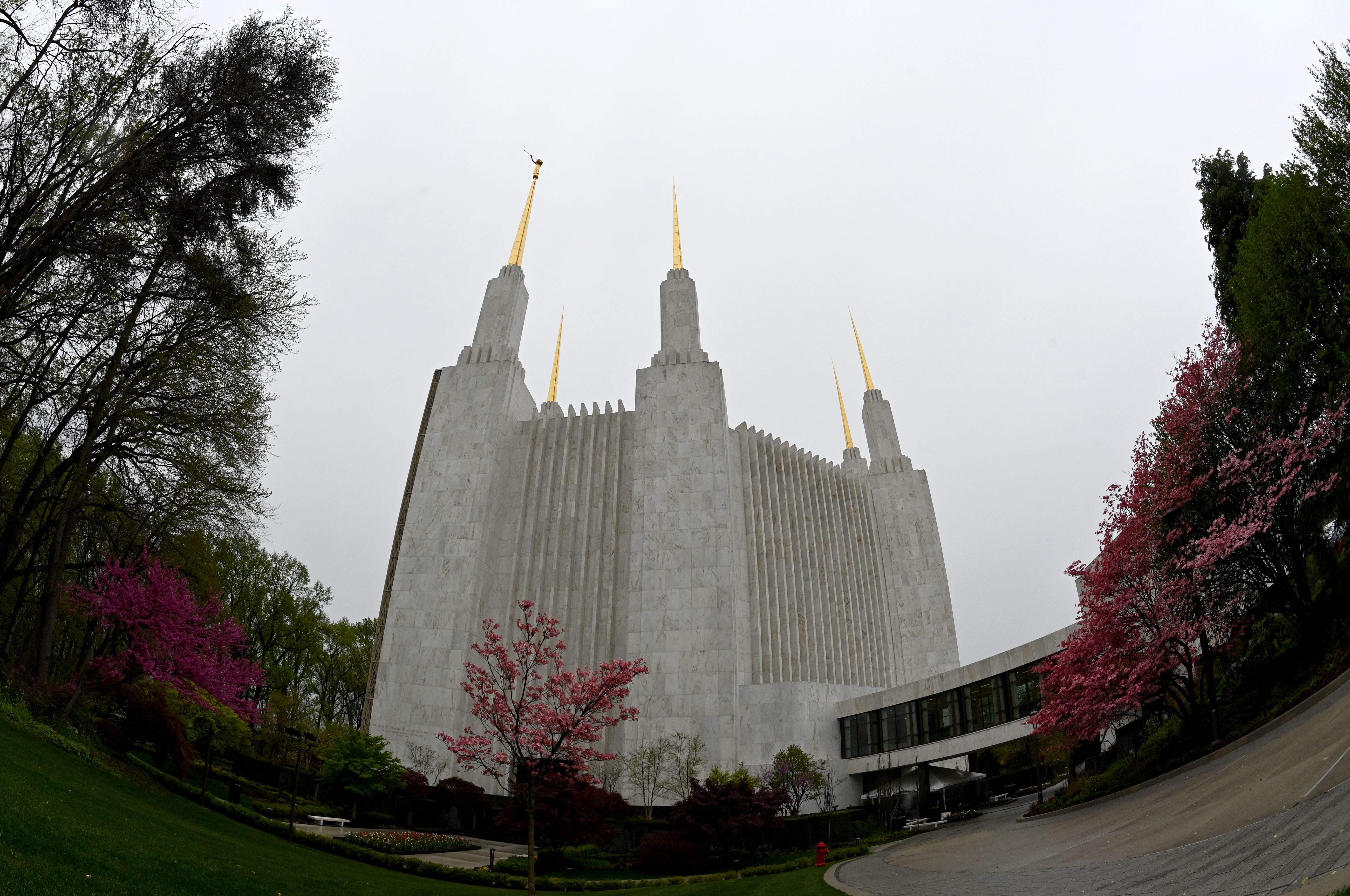 View of the temple of the Church of Jesus Christ of Latter-Day Saints with its six spires in Kensington, Maryland, near Washington, DC, April 18, 2022.