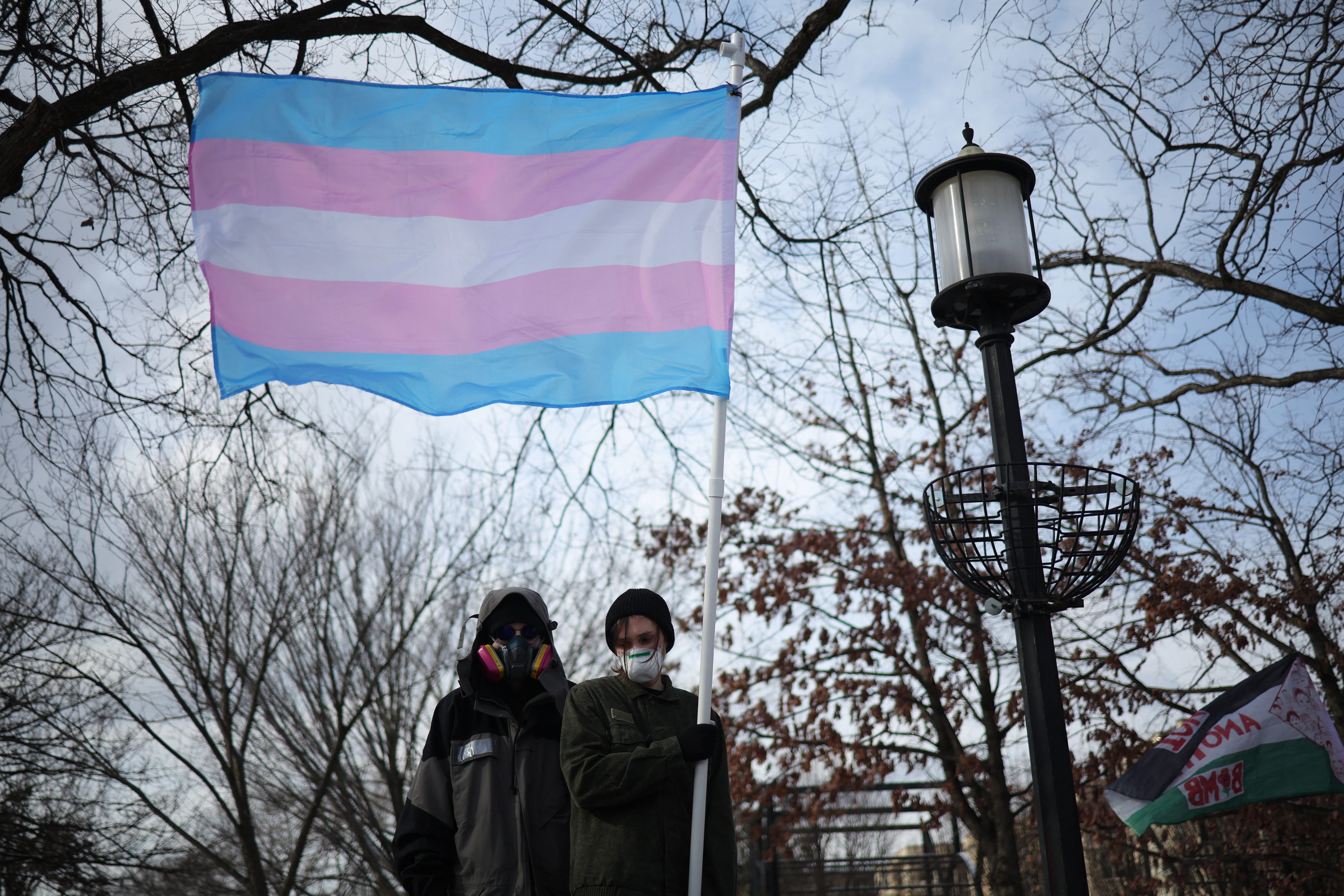 A protester displays a Transgender flag at Meridian Hill Park on the inauguration day of Donald Trump's second presidential term in Washington, U.S. January 20, 2025. REUTERS/Marko Djurica
