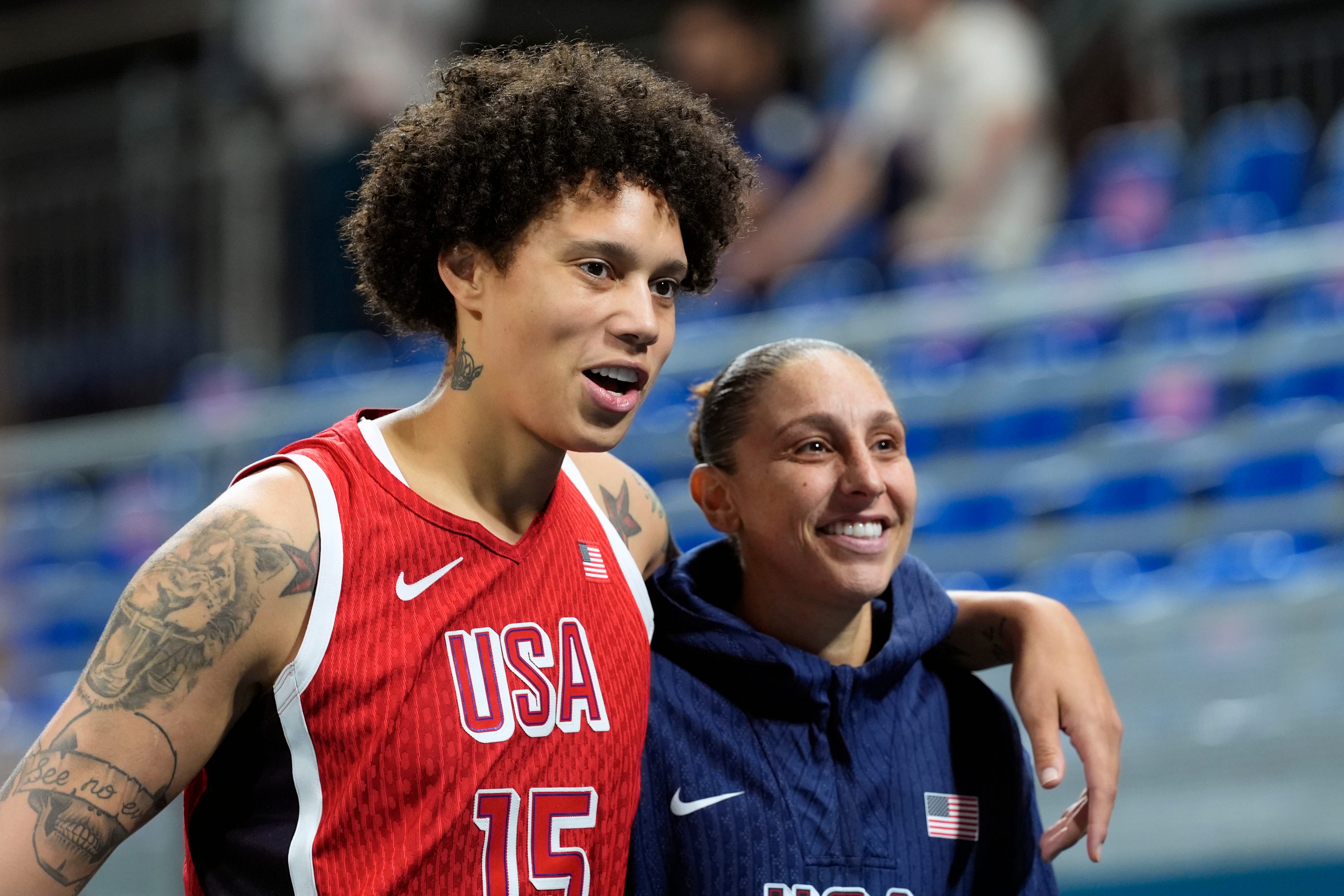 Brittney Griner and Diana Taurasi celebrate after a Team USA win during the 2024 Paris Olympics.
