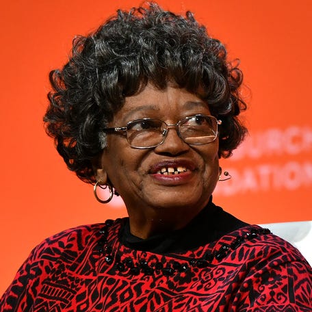 Claudette Colvin is pictured speaking onstage during the 2020 Embrace Ambition Summit by the Tory Burch Foundation at Jazz at Lincoln Center on March 05, 2020.