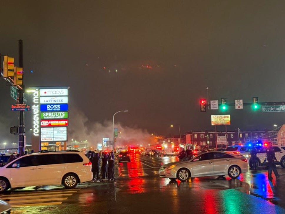 A plane crashed at Roosevelt Boulevard near Cottman Avenue in Philadelphia on Friday, Jan 31, 2025.