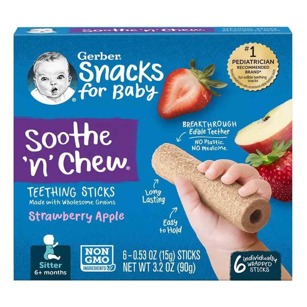 Gerber Soothe N Chew Teething Sticks, which was marketed as a "breakthrough edible teether" was recalled and discontinued after one person ended up in the ER because of them and others reported choking incidents. Strawberry Apple, is among the flavors recalled.
