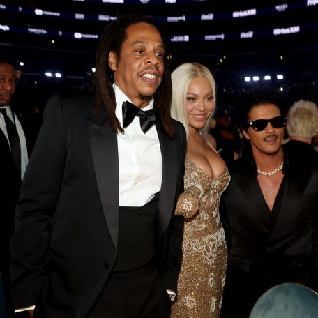 Jay-Z, Beyoncé and Bruno Mars pose together at the 67th Annual GRAMMY Awards at Crypto.com Arena on Feb. 2, 2025, in Los Angeles.
