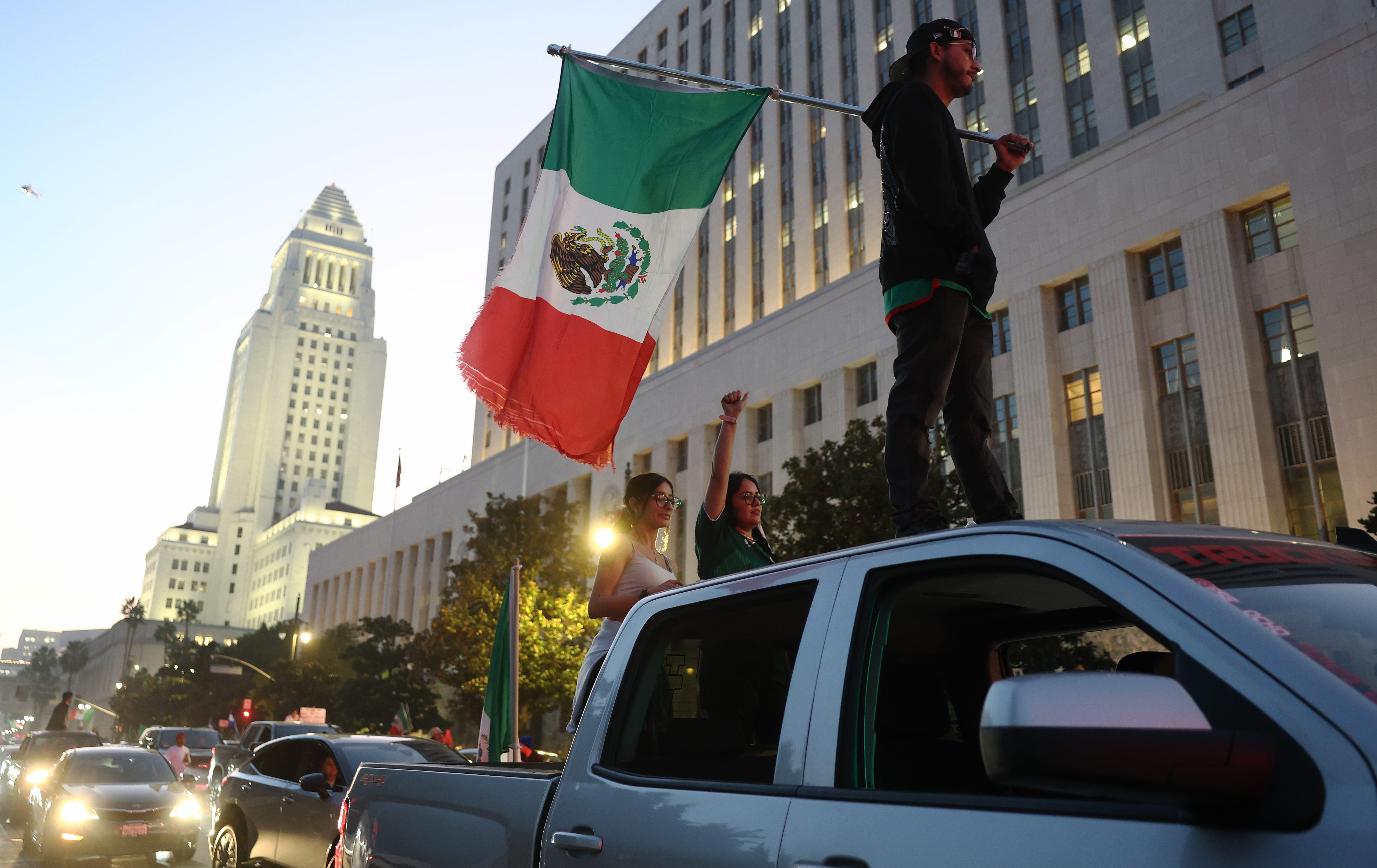 Anti-deportation demonstrators protest the Trump administration on Feb. 2, 2025, in Los Angeles.