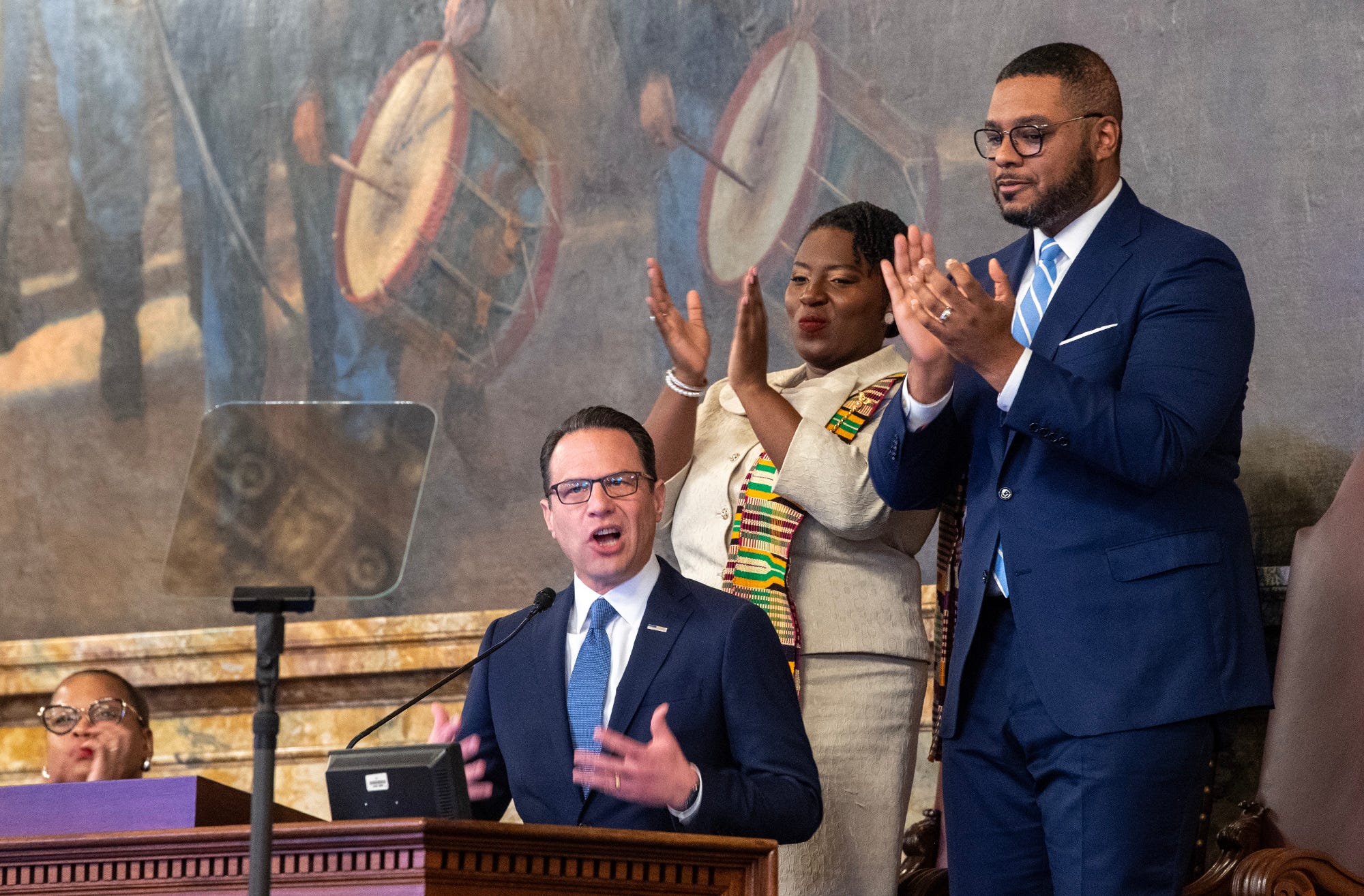 From the left Pennsylvania Governor Josh Shapiro gives his budget address to applause by Joanna McClinton, Speaker of the House, and Lieutenant Governor Austin Davis at the state capital building in Harrisburg on Feb. 4, 2025