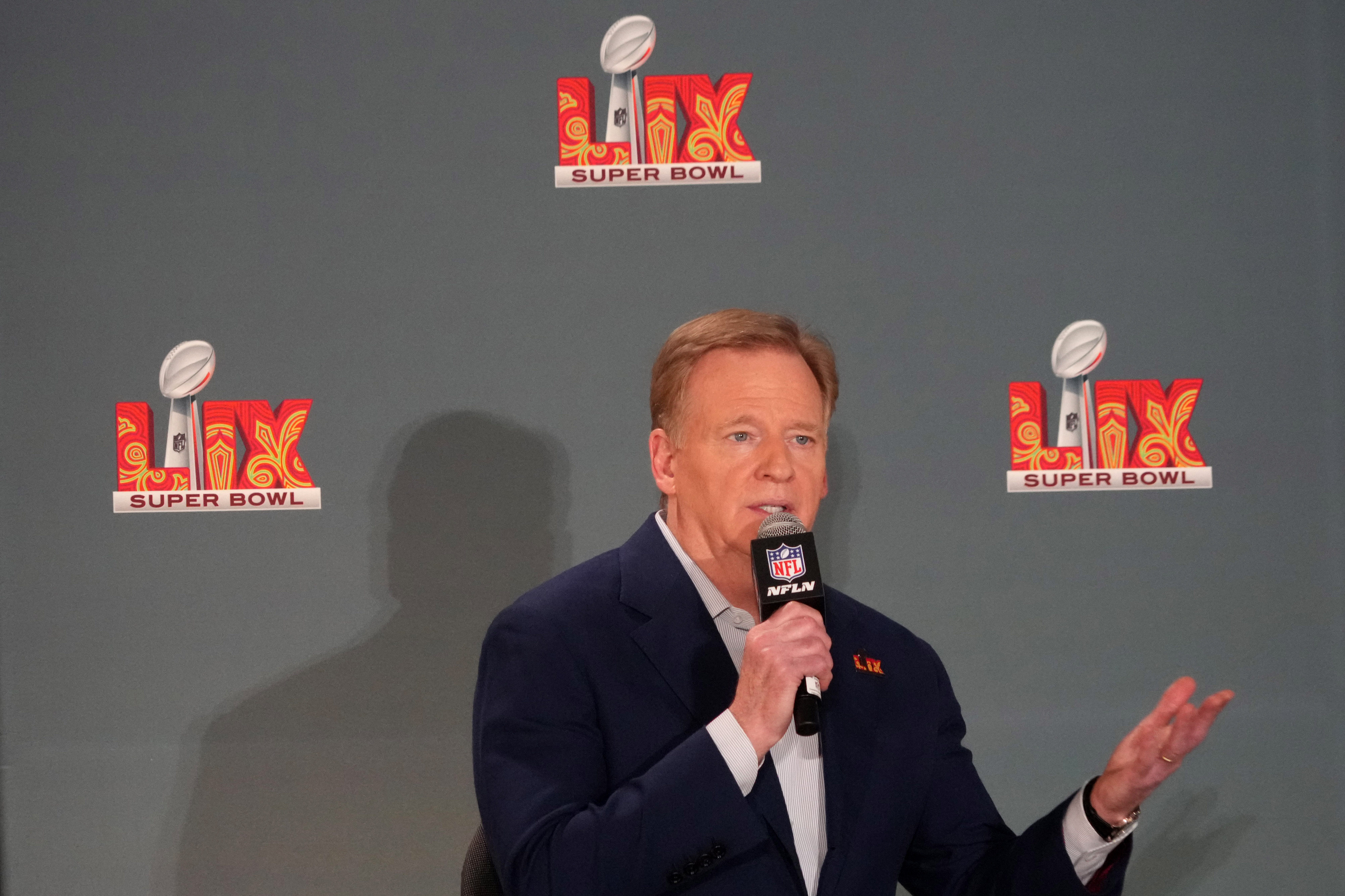 Feb 3, 2025; New Orleans, LA, USA; NFL commissioner Roger Goodell speaks during a press conference ahead of Super Bowl LIX at the Caesars Superdome. Mandatory Credit: Kirby Lee-Imagn Images