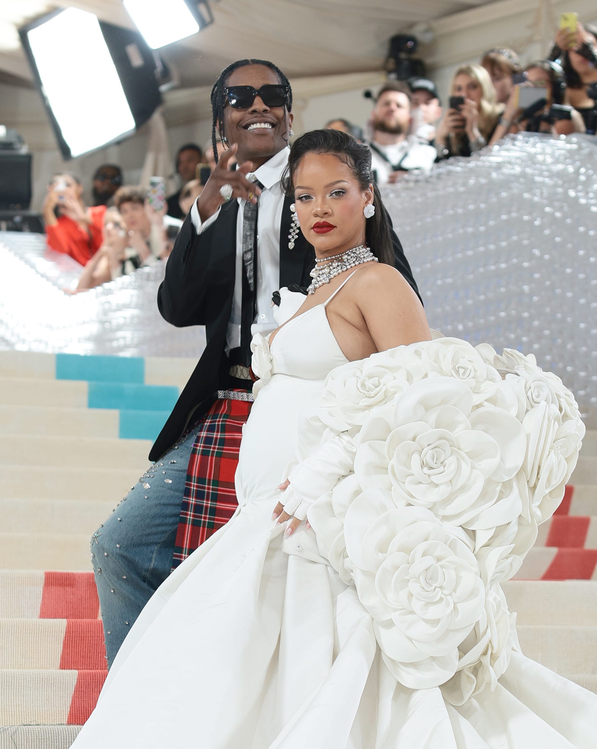 A$AP Rocky and Rihanna attend the 2023 Met Gala celebrating "Karl Lagerfeld: A Line Of Beauty" at The Metropolitan Museum of Art on May 1, 2023, in New York City.