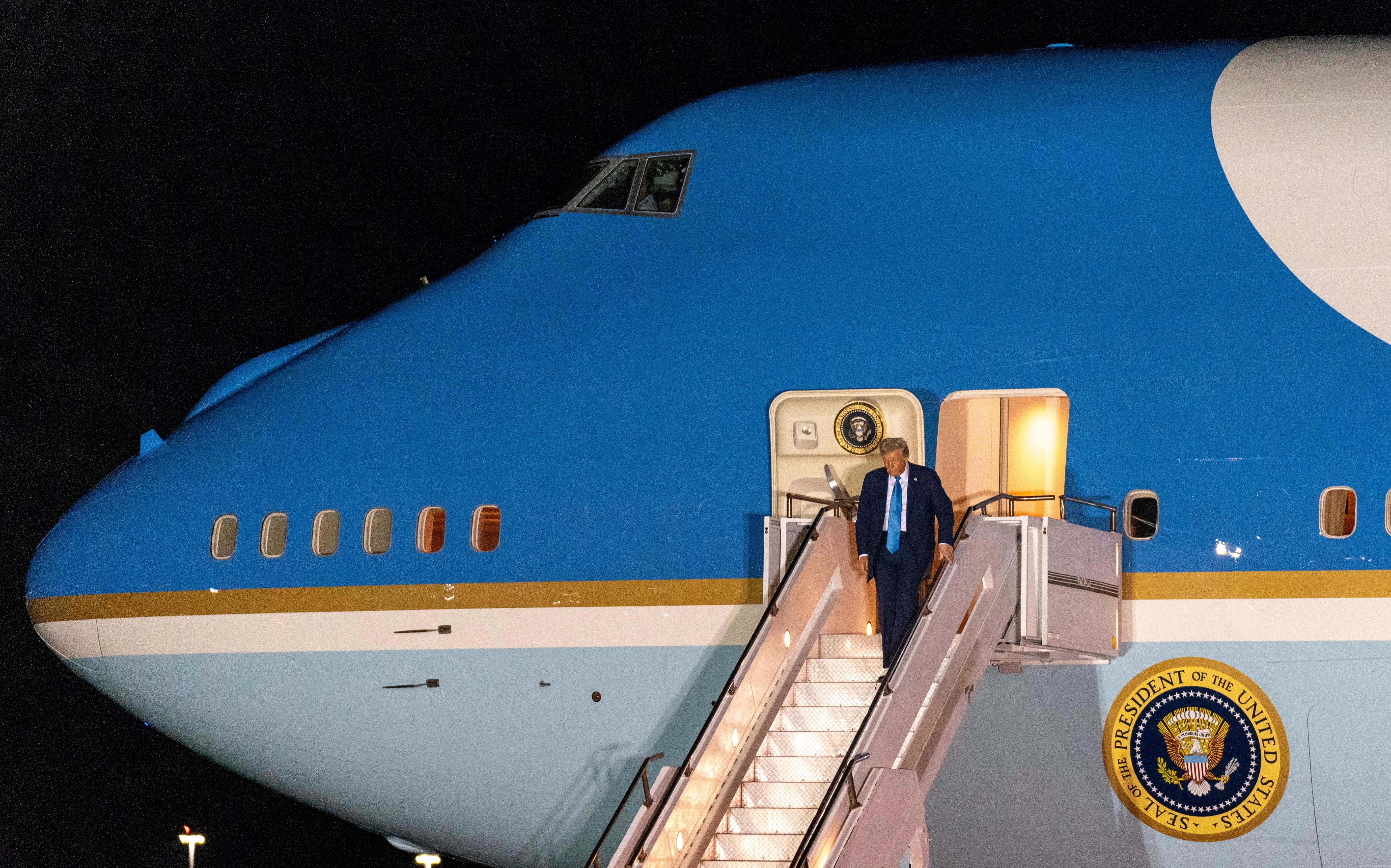 President Donald Trump arrives on Air Force One at Palm Beach International Airport in West Palm Beach, Florida on Jan. 31, 2025. Trump is making his first trip home to Mar-a-Lago in Palm Beach since being sworn in as the 47th president of the United States.
