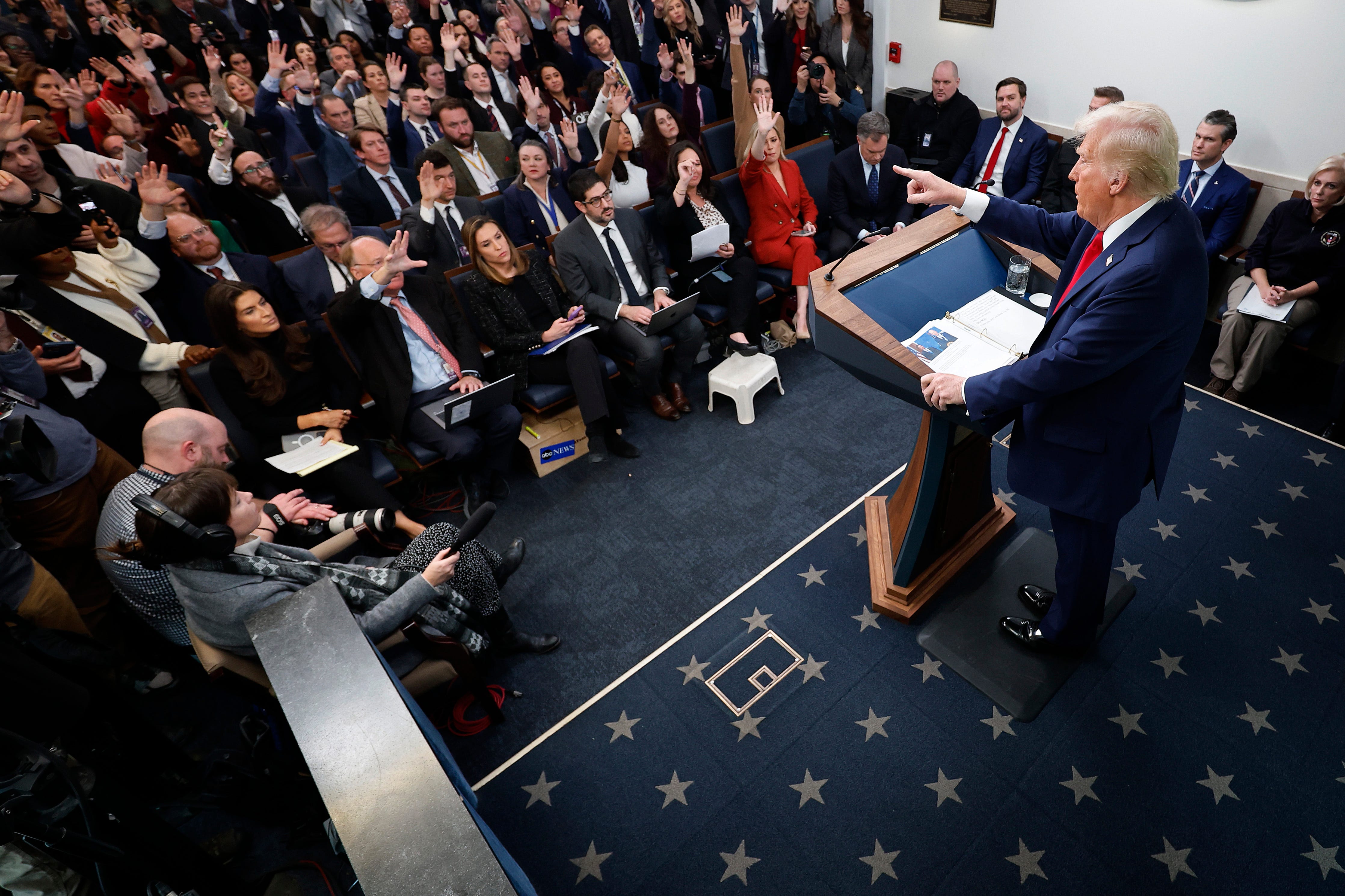 President Donald Trump calls on reporters during a press conference about the collision of an American Airlines flight with a military helicopter near Ronald Reagan National Airport in the Brady Press Briefing Room at the White House on January 30.