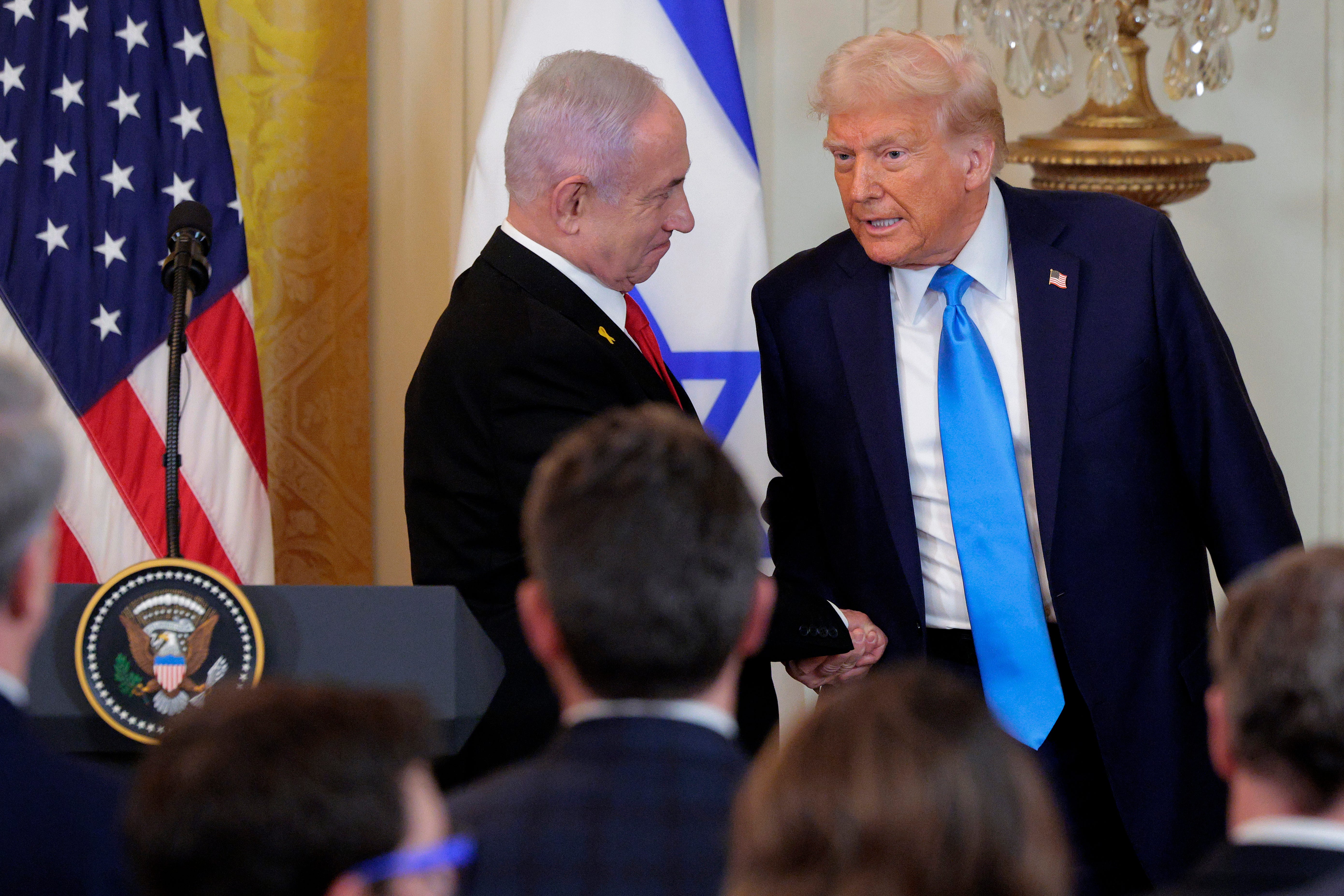 President Donald Trump shakes hands with Israeli Prime Minister Benjamin Netanyahu after their joint news conference at the White House on Feb. 04, 2025.