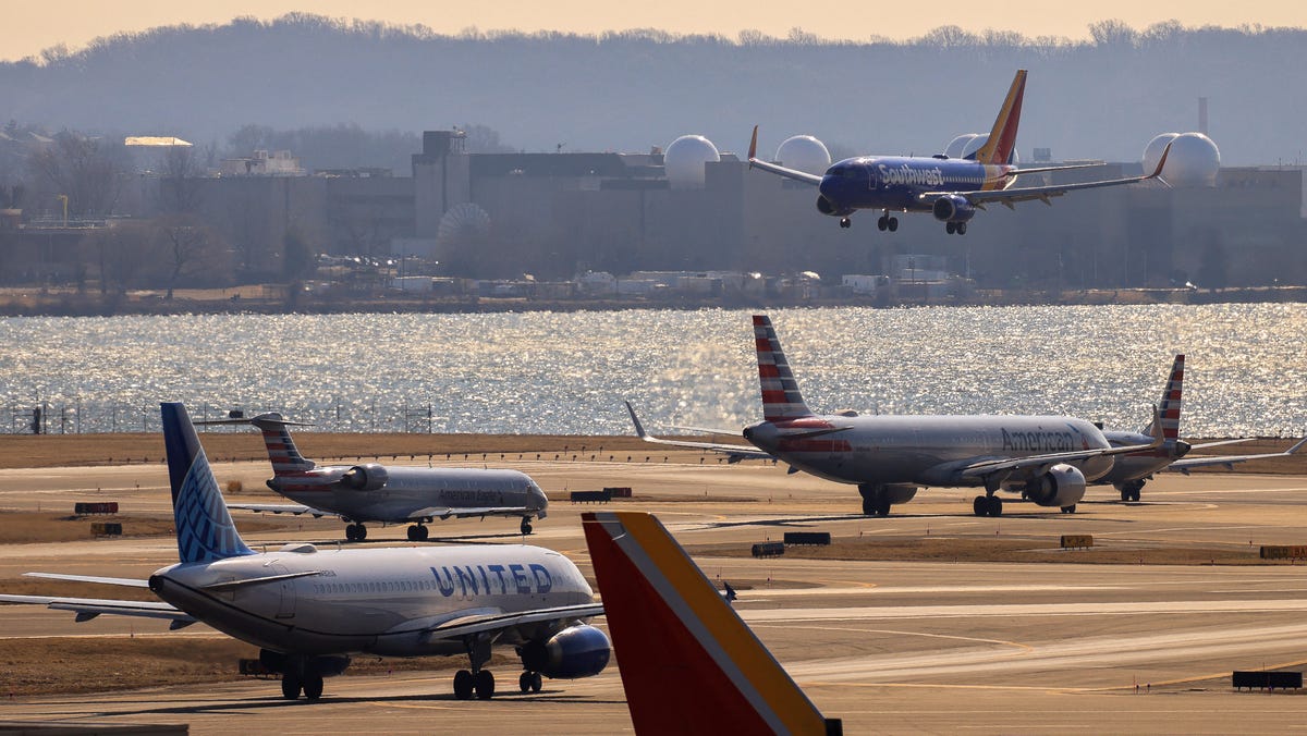 A plane prepares to land as other planes wait their turn in a busy runway at the Ronald Reagan Washington National Airport on Feb. 4, 2025, in the aftermath of the collision of American Eagle flight 5342 and a Black Hawk helicopter that crashed into the river.