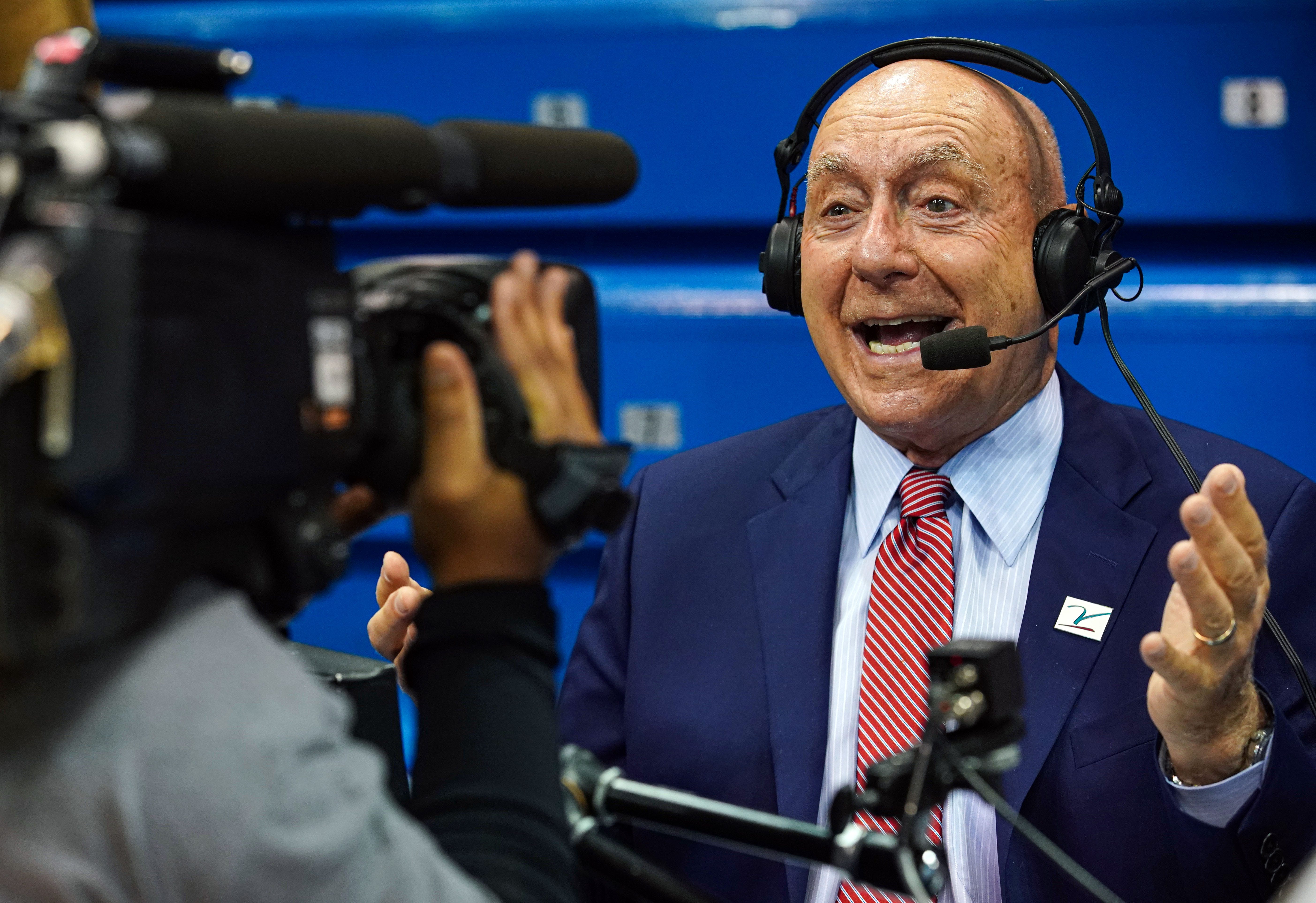 ESPN broadcaster Dick Vitale before the game between the Texas Tech Red Raiders and the Kansas Jayhawks at Allen Fieldhouse.