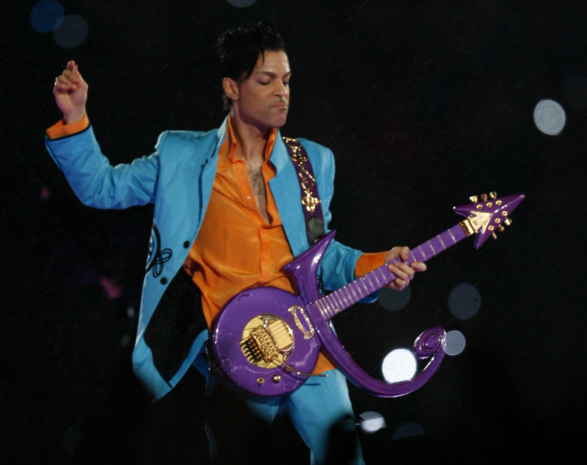 Prince performs during the halftime show of Super Bowl XLI, Feb. 4, 2007, Miami.