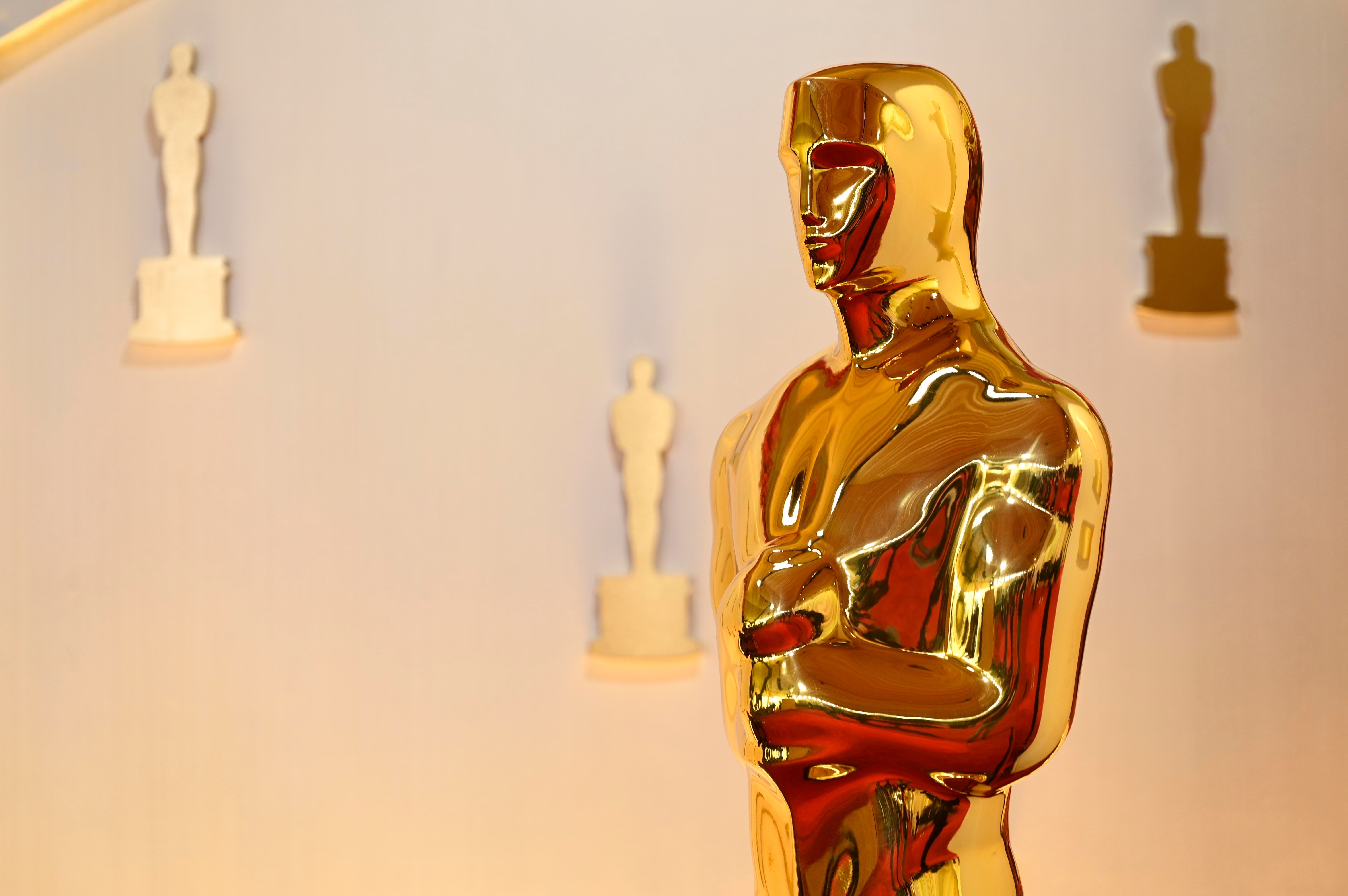 A large Oscars statue is seen on the red carpet as preparations continue for the 96th Oscars at the Dolby Theatre at Ovation Hollywood in Los Angeles.