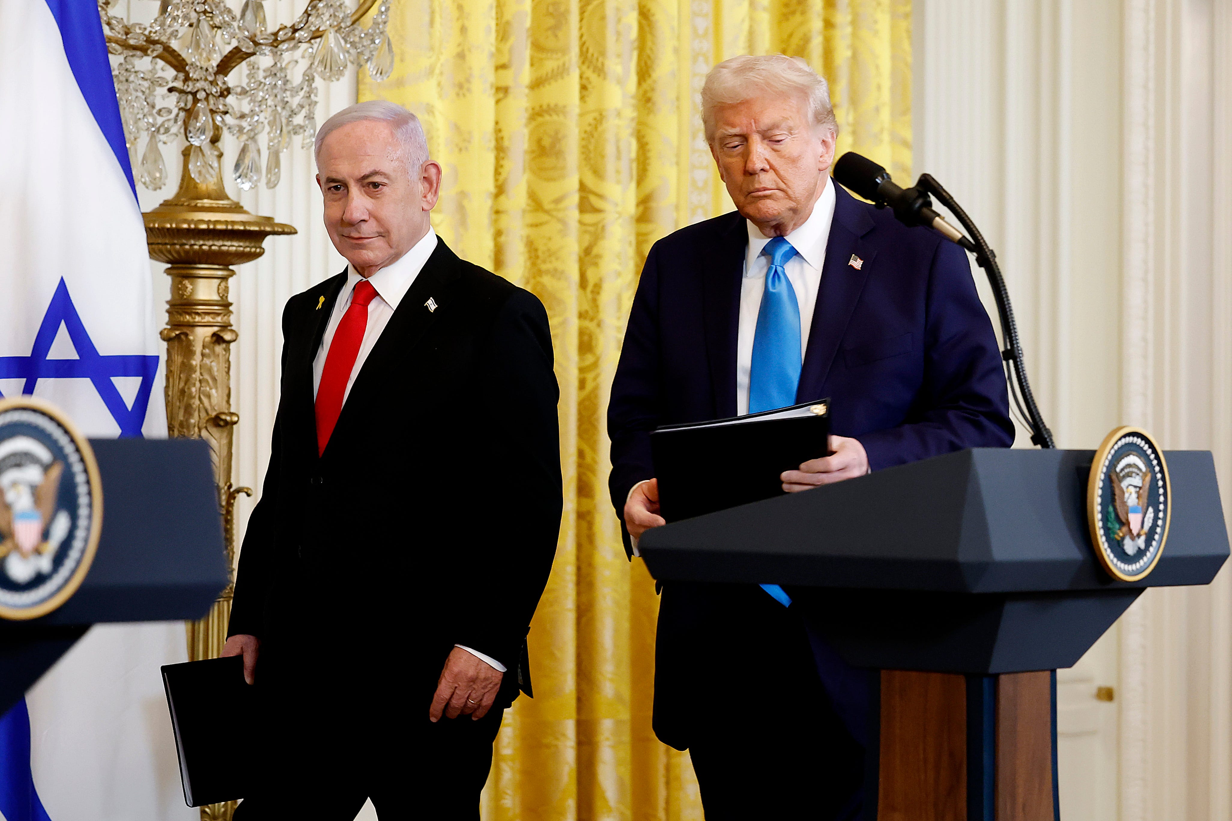 Israeli Prime Minister Benjamin Netanyahu and President Donald Trump arrive for a joint news conference at the White House on Feb. 04, 2025.