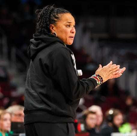 South Carolina Gamecocks head coach Dawn Staley directs her team against the Charleston Southern Buccaneers in the second half at Colonial Life Arena.