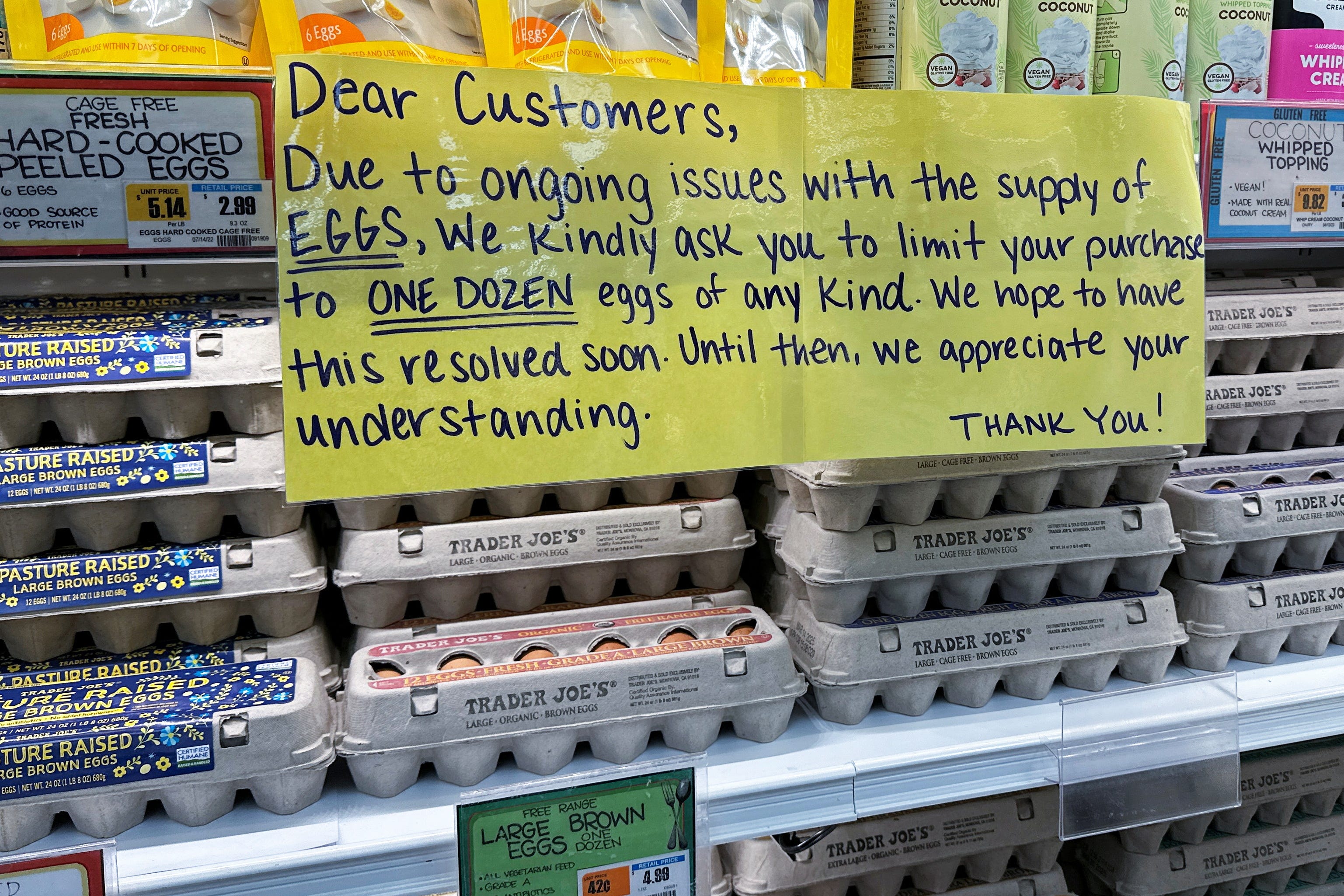 A sign for customers shopping for eggs at Trader Joe's hangs by cartons of eggs in Merrick, New York on Feb. 10, 2025.